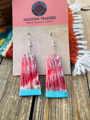 Handcrafted Spiny Oyster, Turquoise Slab Dangle Earrings