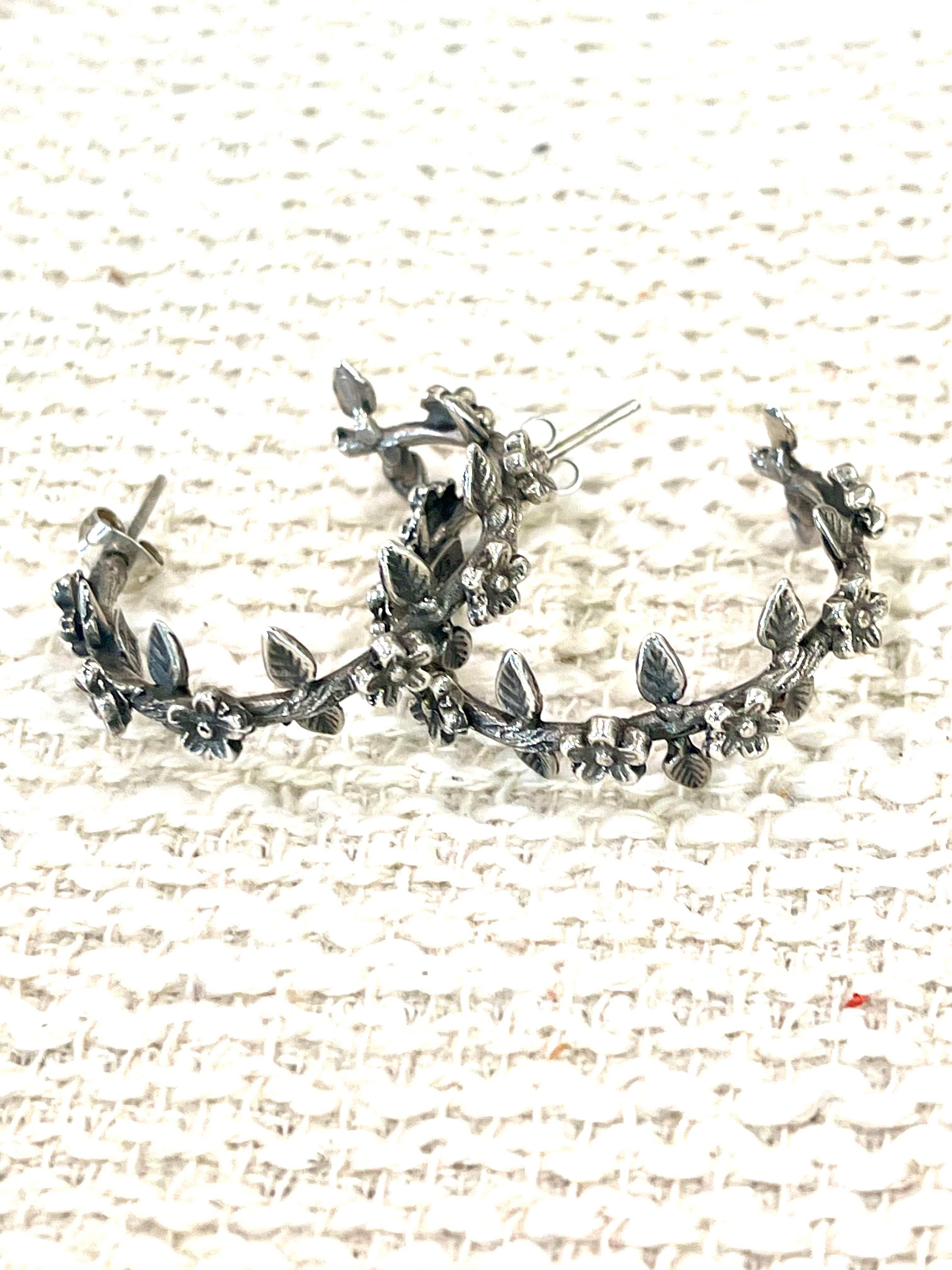 Handmade In Mexico Sterling Silver, Hoop Flower Earrings