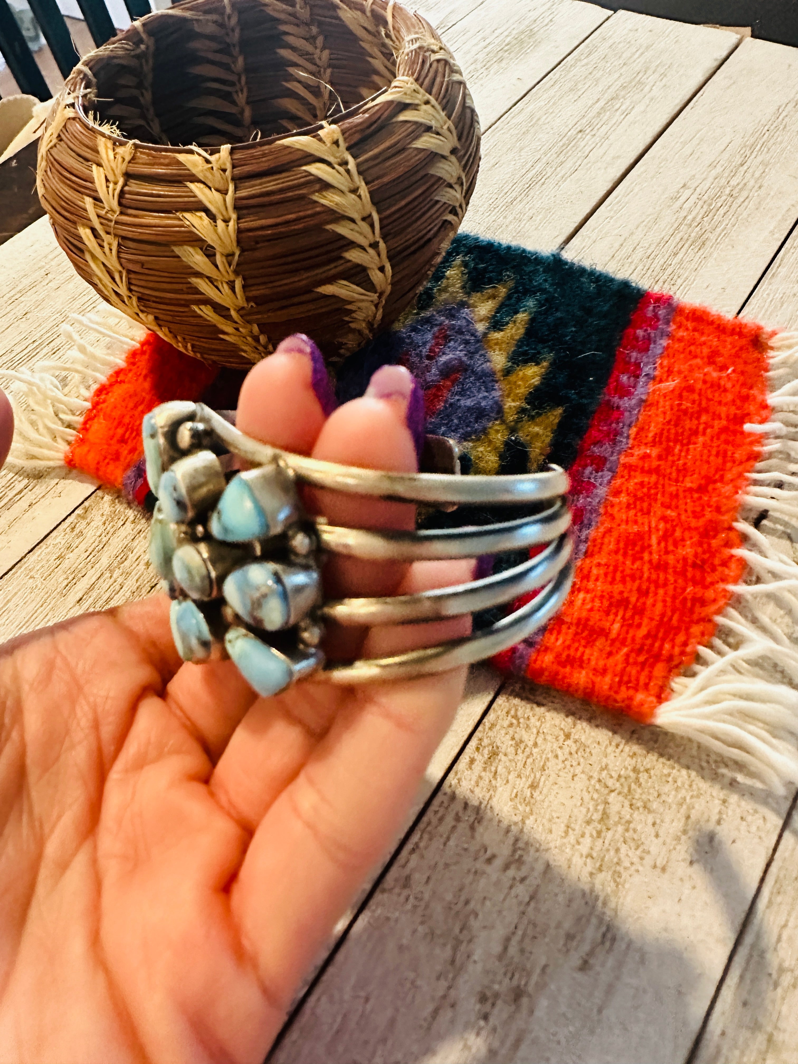 Navajo Golden Hills Turquoise & Sterling Silver Cluster Cuff Bracelet