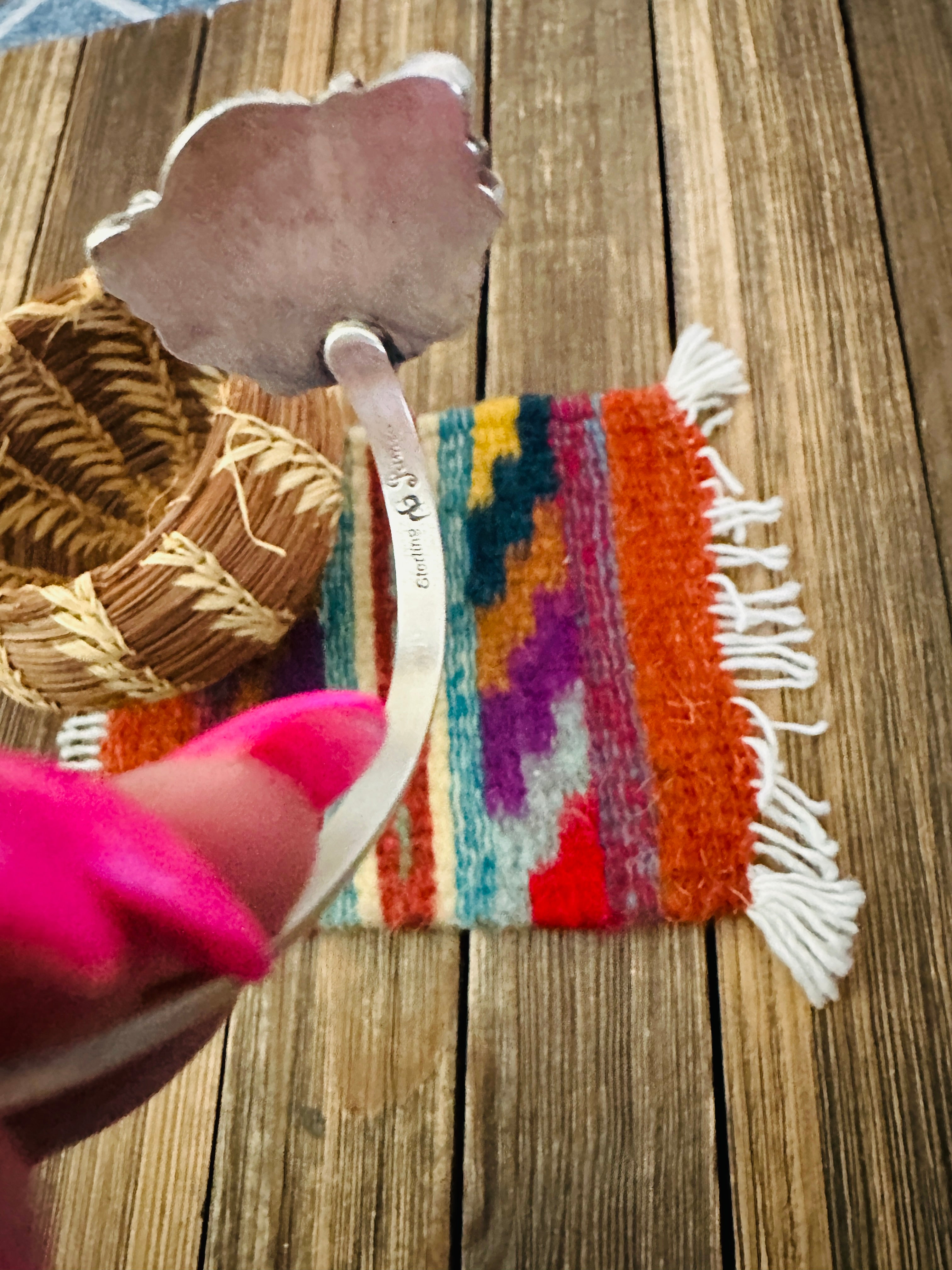 Handcrafted Queen Pink Conch, Turquoise & Sterling Silver Floating Cuff Bracelet by Geraldine James