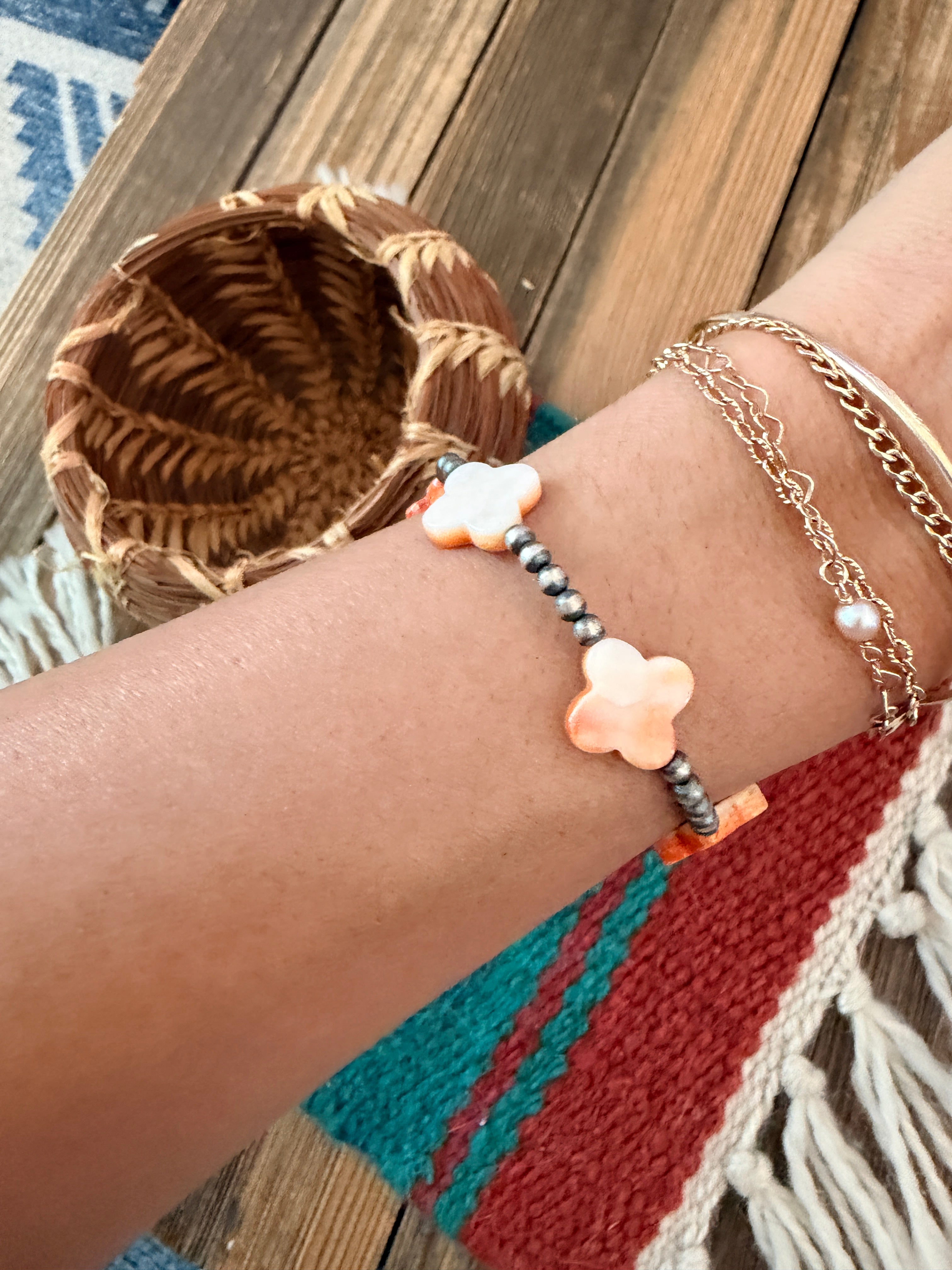 Handcrafted Spiny Oyster & Sterling Silver Pearl Cross Beaded Stretch Bracelet