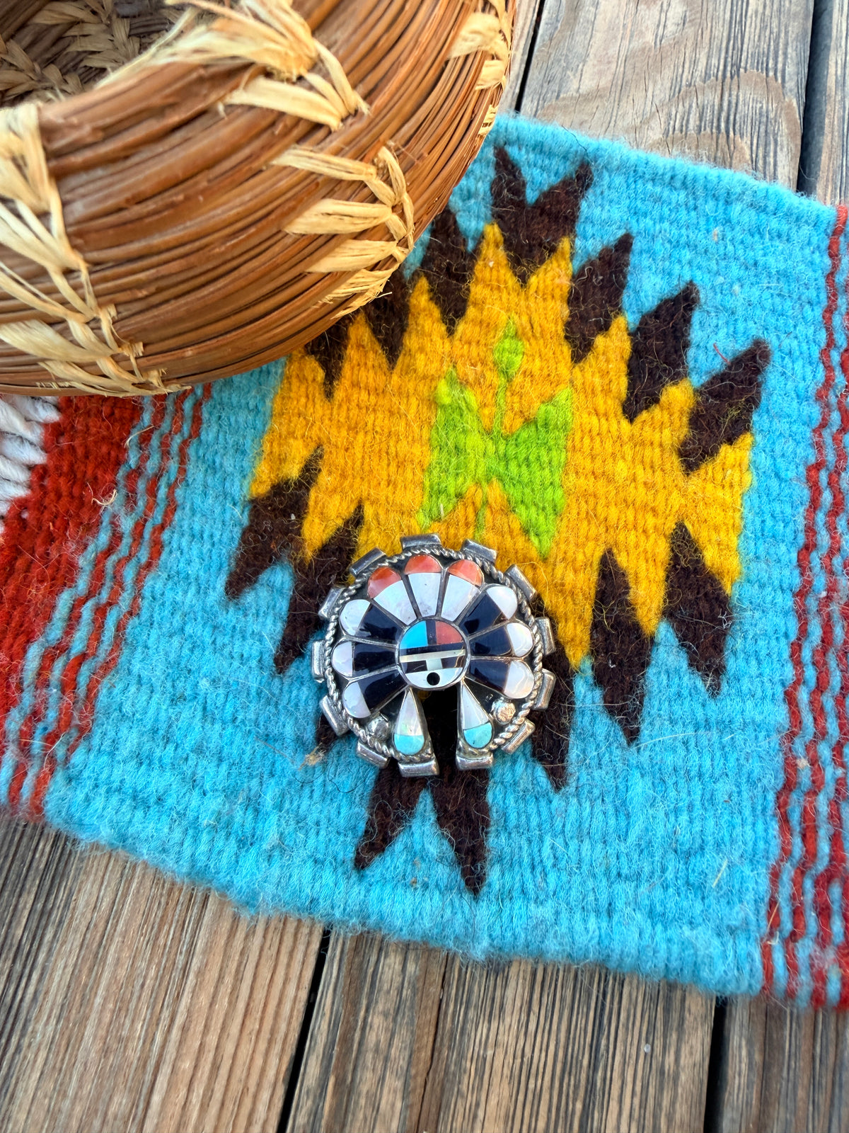 Old Pawn Handcrafted Multi Stone and Sterling Silver Inlay Sun Face Brooch/ Pendant