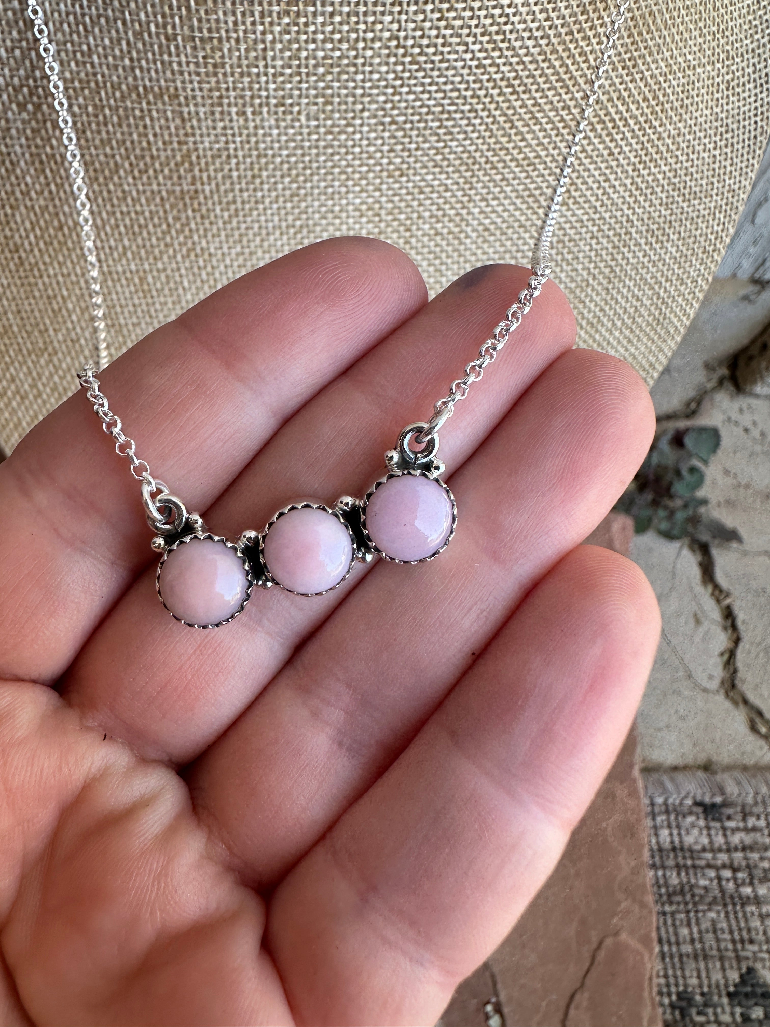 Handmade Sterling Silver & Pink Conch 3 Stone Bar Necklace