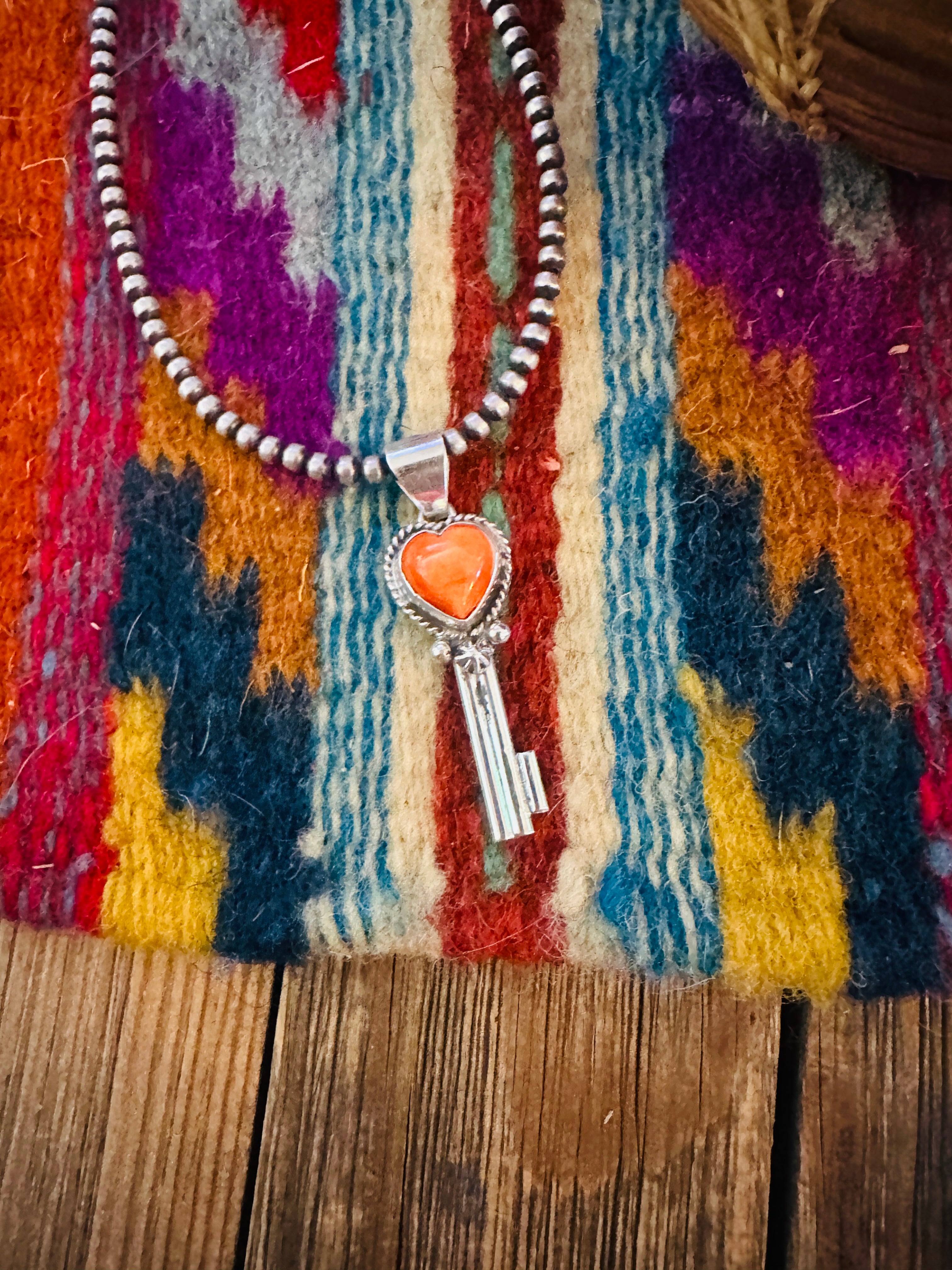 Handcrafted Spiny Oyster & Sterling Silver Heart Key Pendant