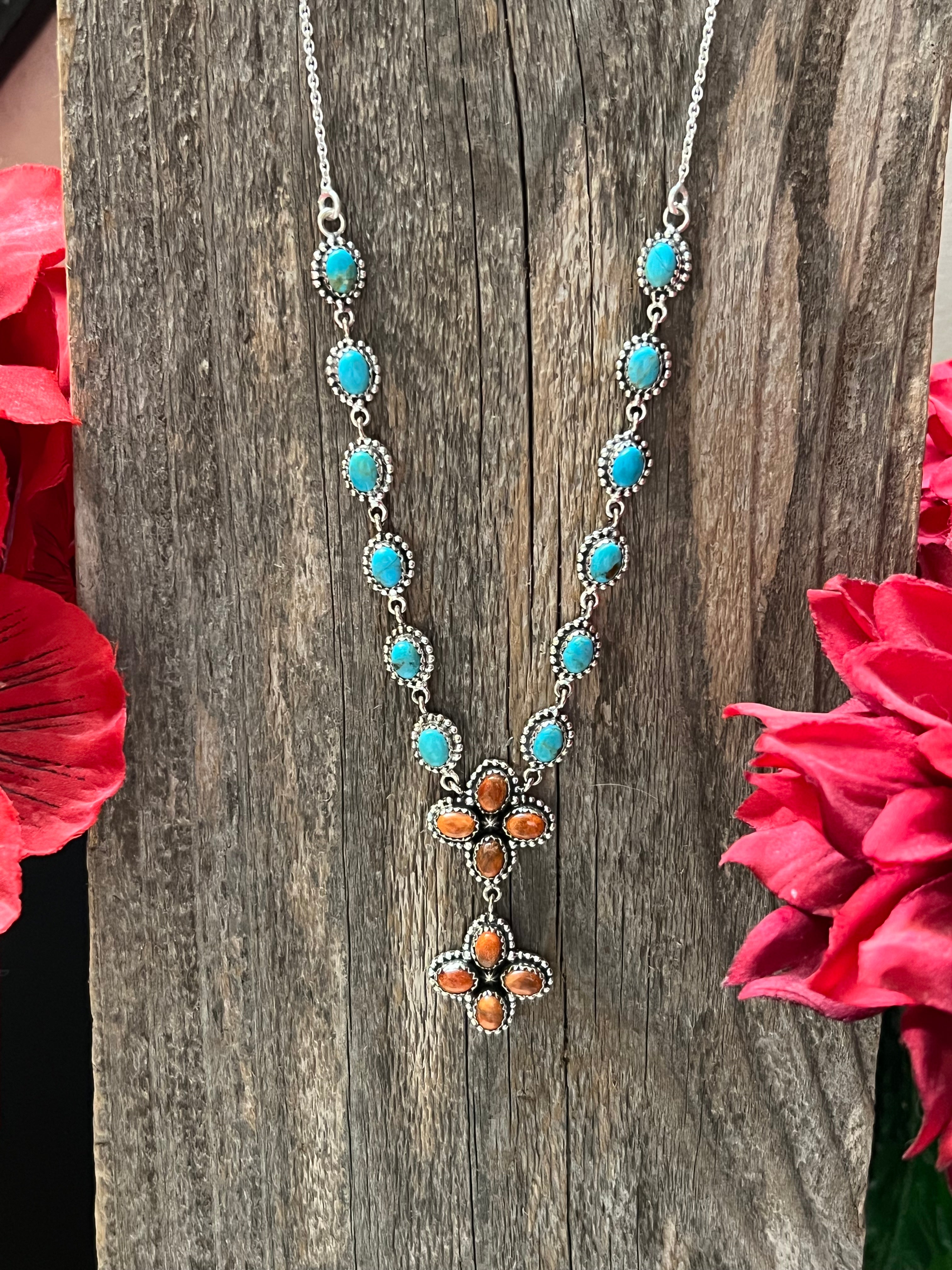 Handmade Sterling Silver, South Hill Turquoise & Spiny Orange Lariat Necklace