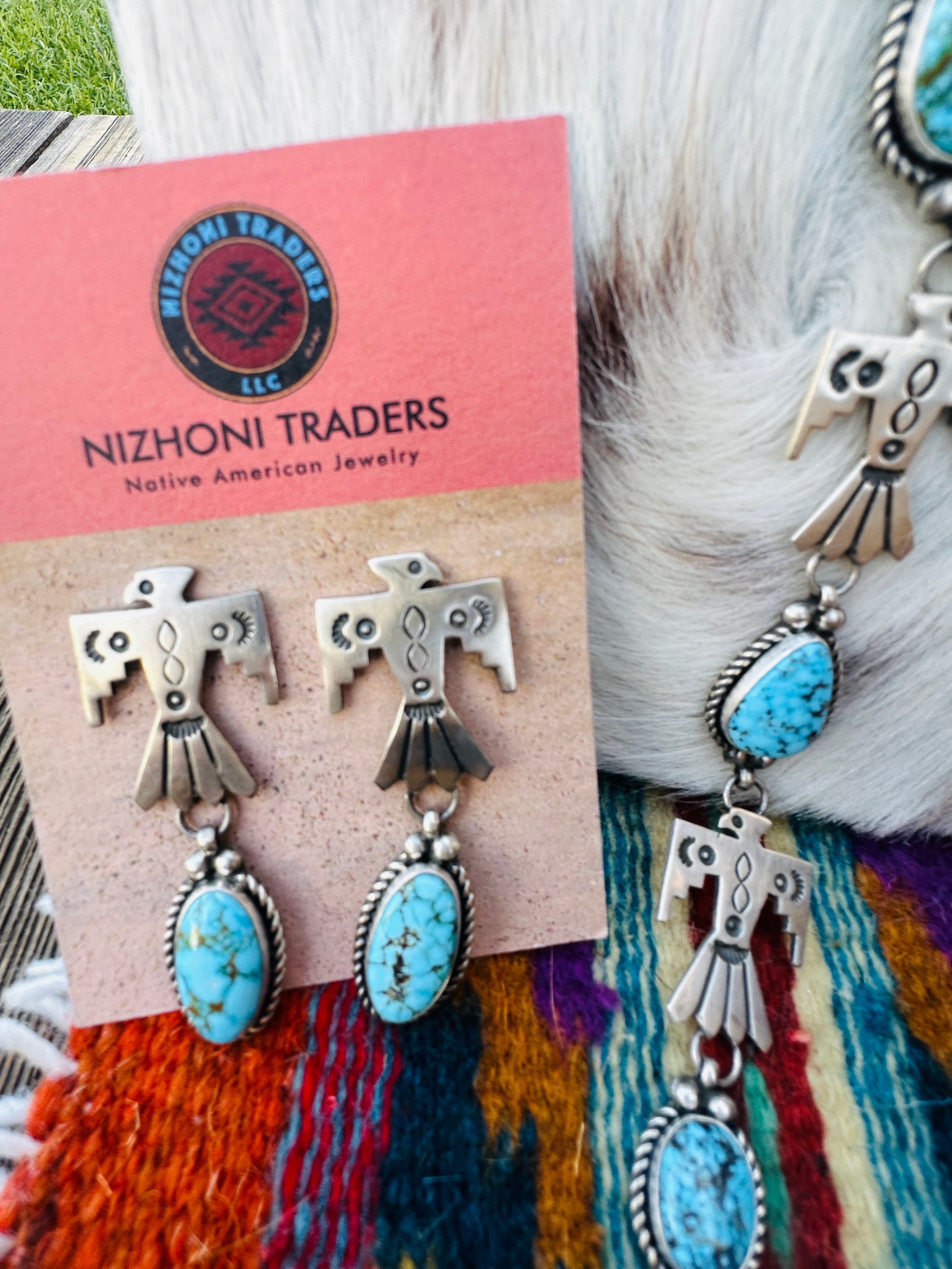 Handcrafted Turquoise & Sterling Silver Thunderbird Necklace and Earring Set by Fred Francis