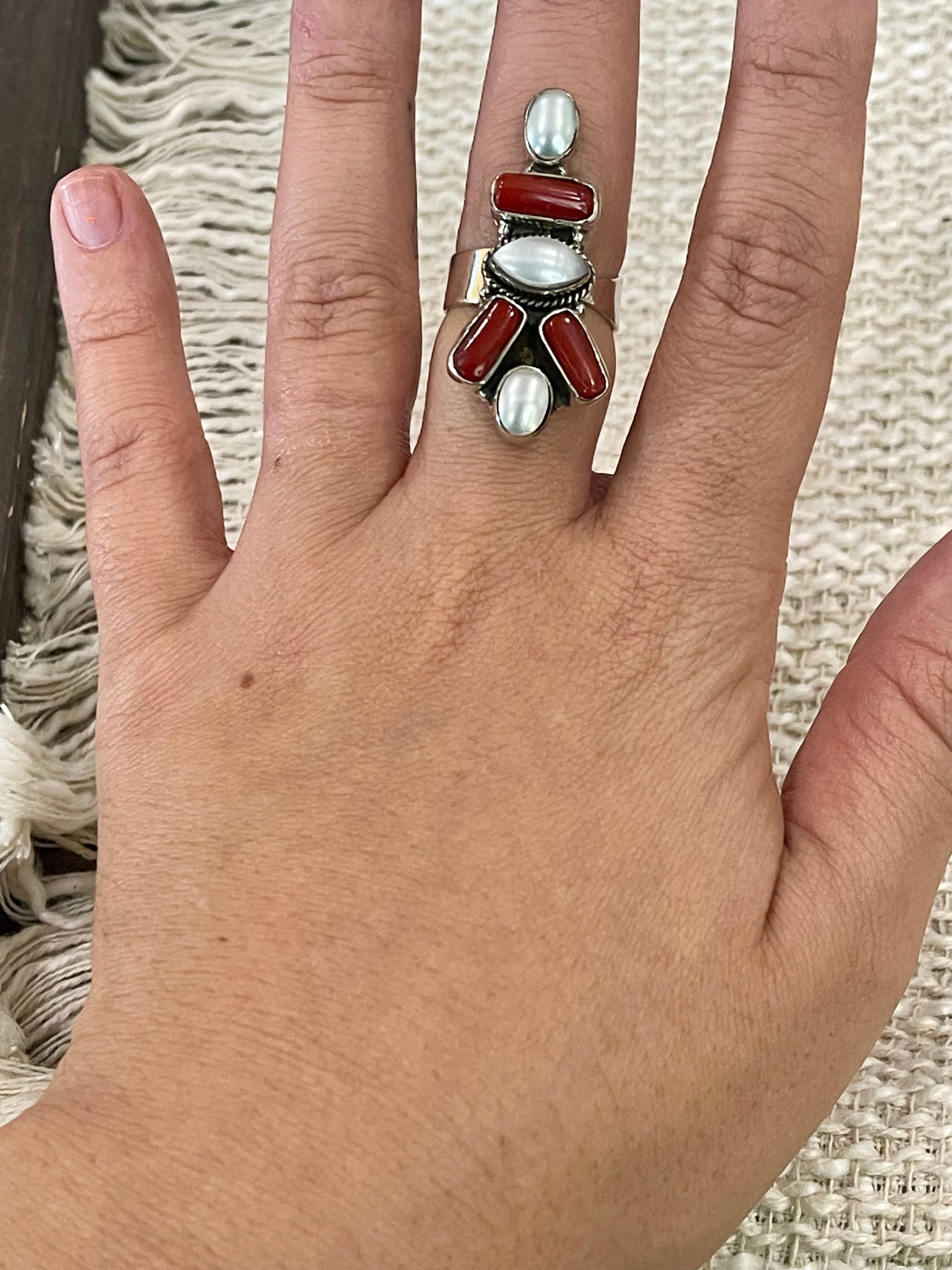 ** 4TH OF JULY ** Handmade Sterling , Silver Synthetic Opal & Coral Necklace, Earring & Ring Set with Signed Nizhoni