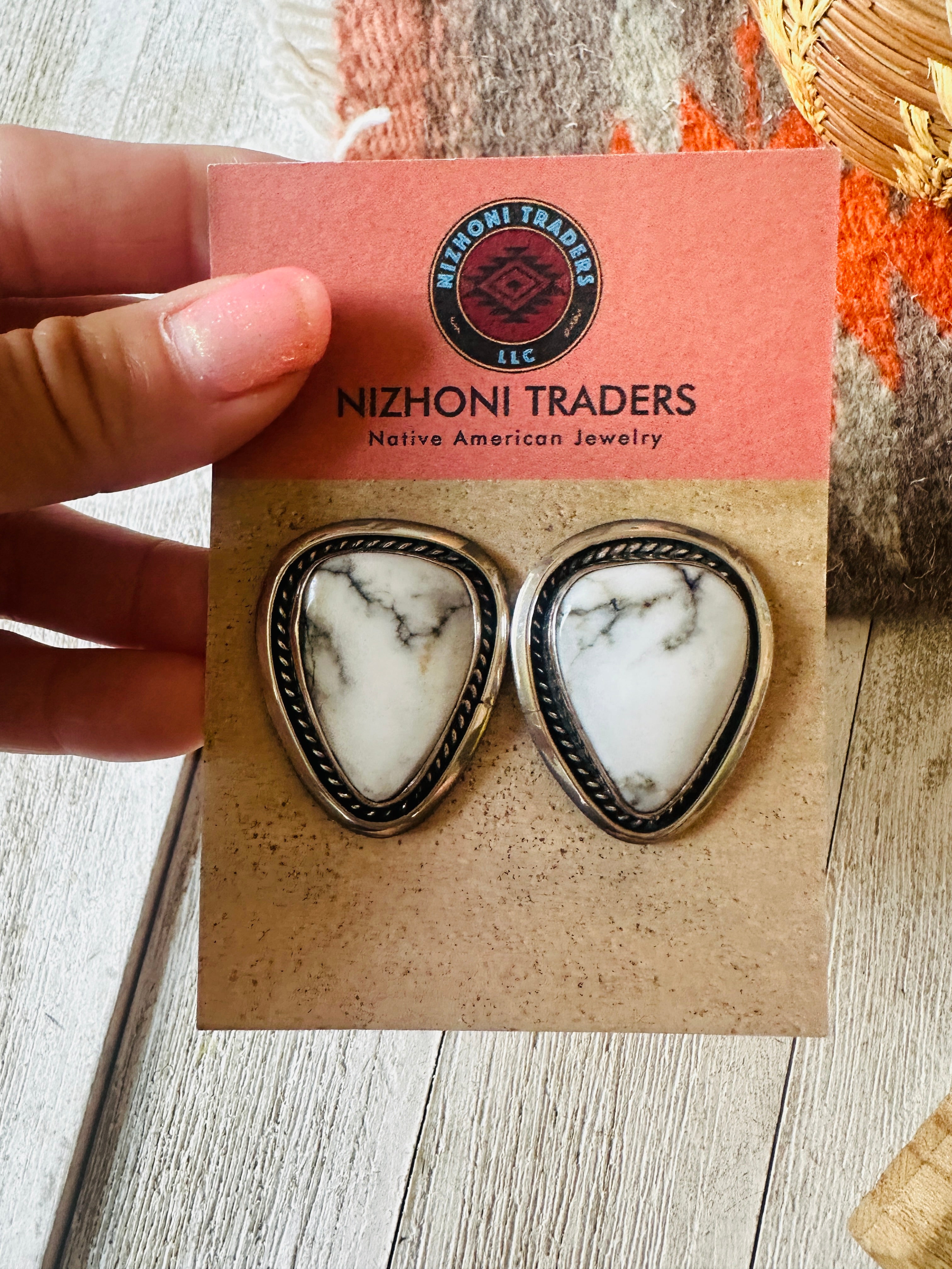 Navajo White Buffalo & Sterling Silver Post Earrings