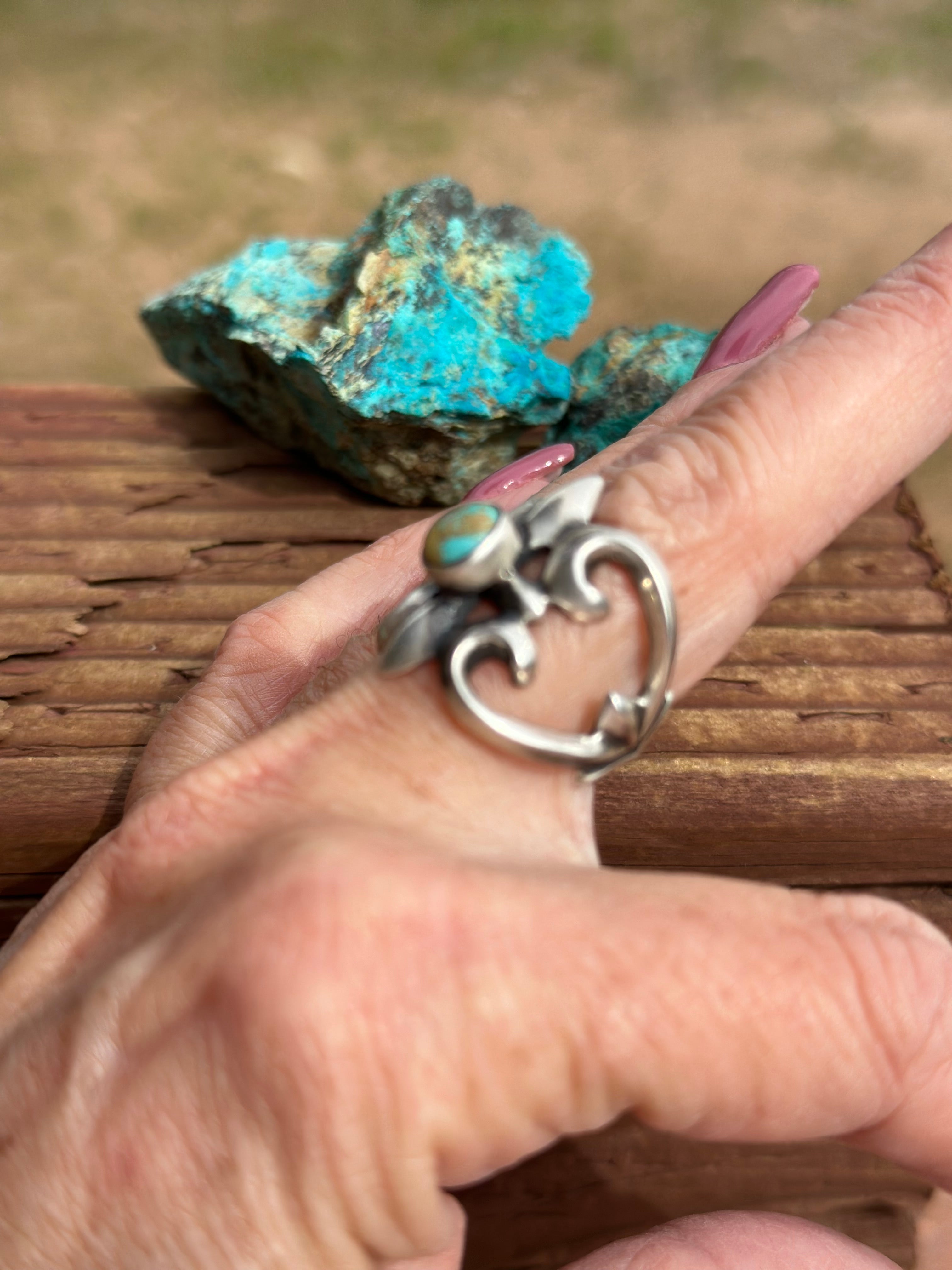 Handmade Sand Cast Royston Turquoise And Sterling Silver Adjustable Ring