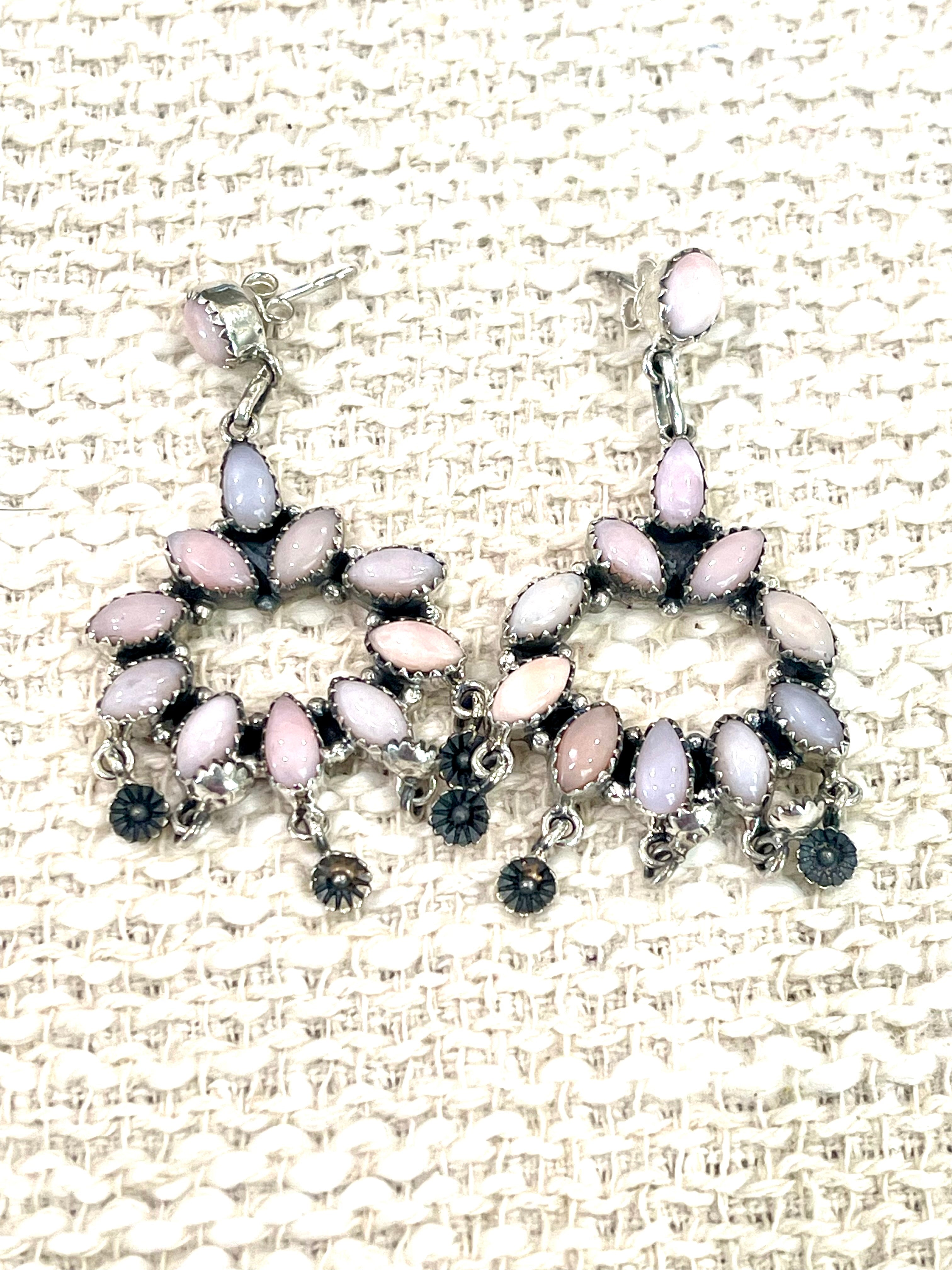 Handmade Pink Opal and Sterling Silver Cluster Dangle Earrings