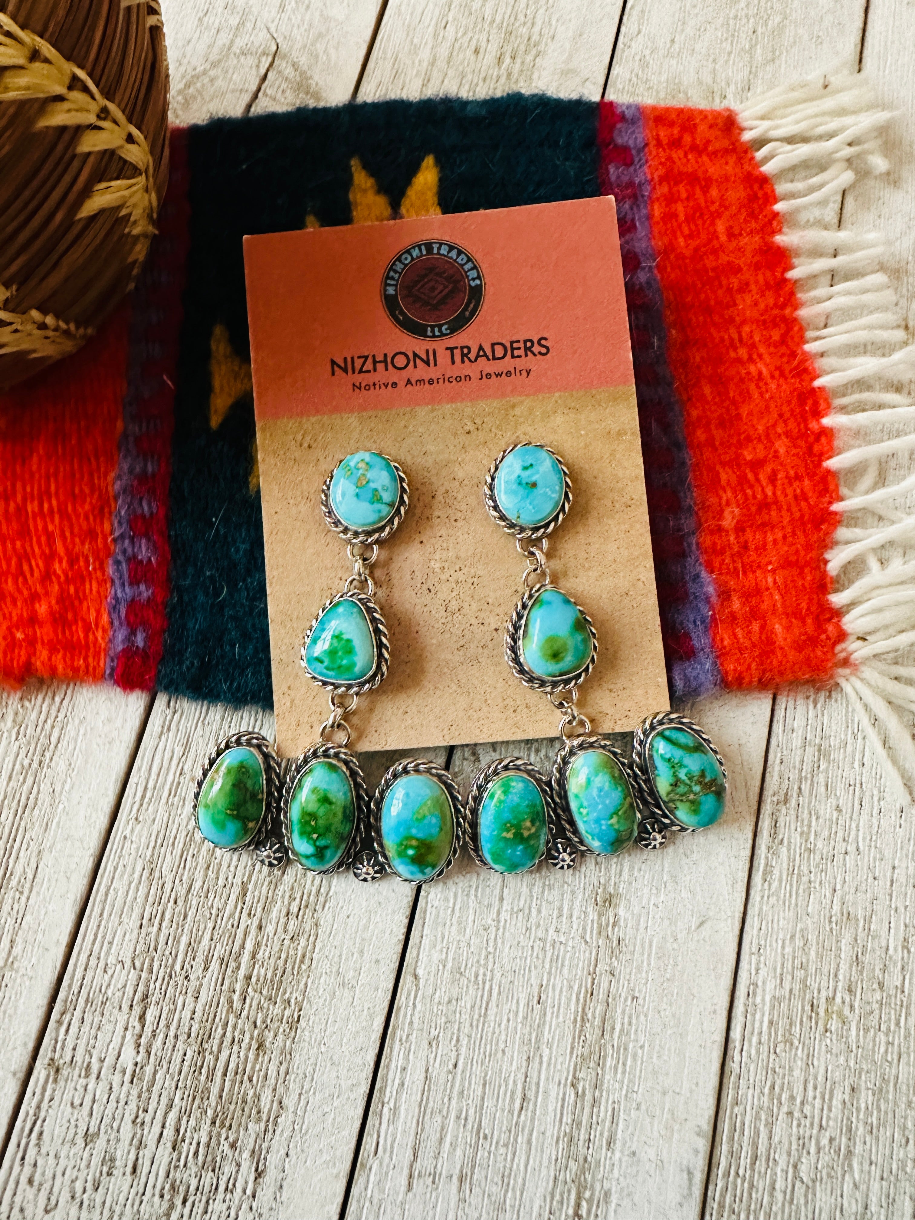 Navajo Sonoran Mountain Turquoise & Sterling Silver Dangle Earrings