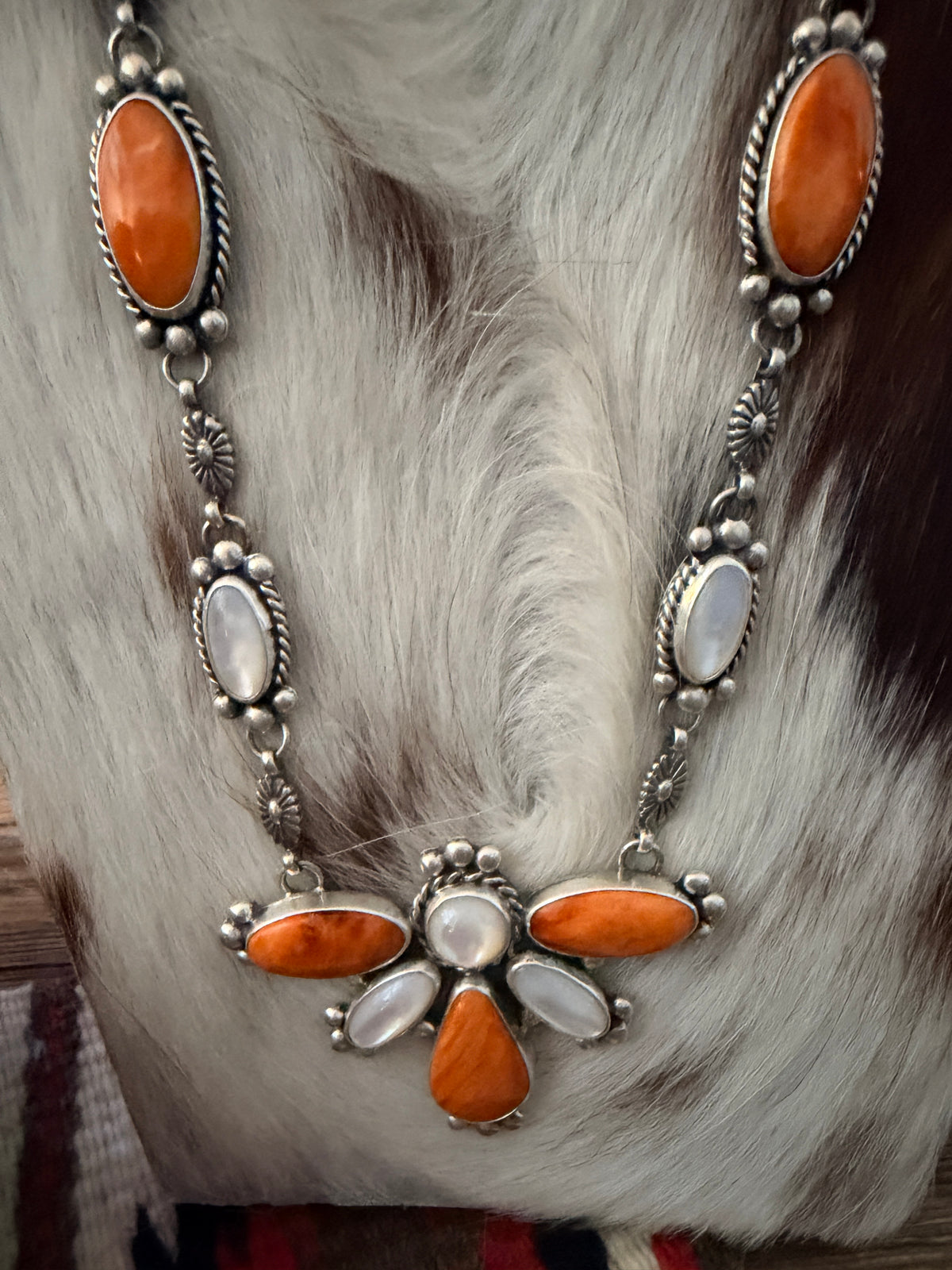 Handcrafted Spiny Oyster, Mother of Pearl & Sterling Silver Cluster Necklace and Earring Set by Fred Francis