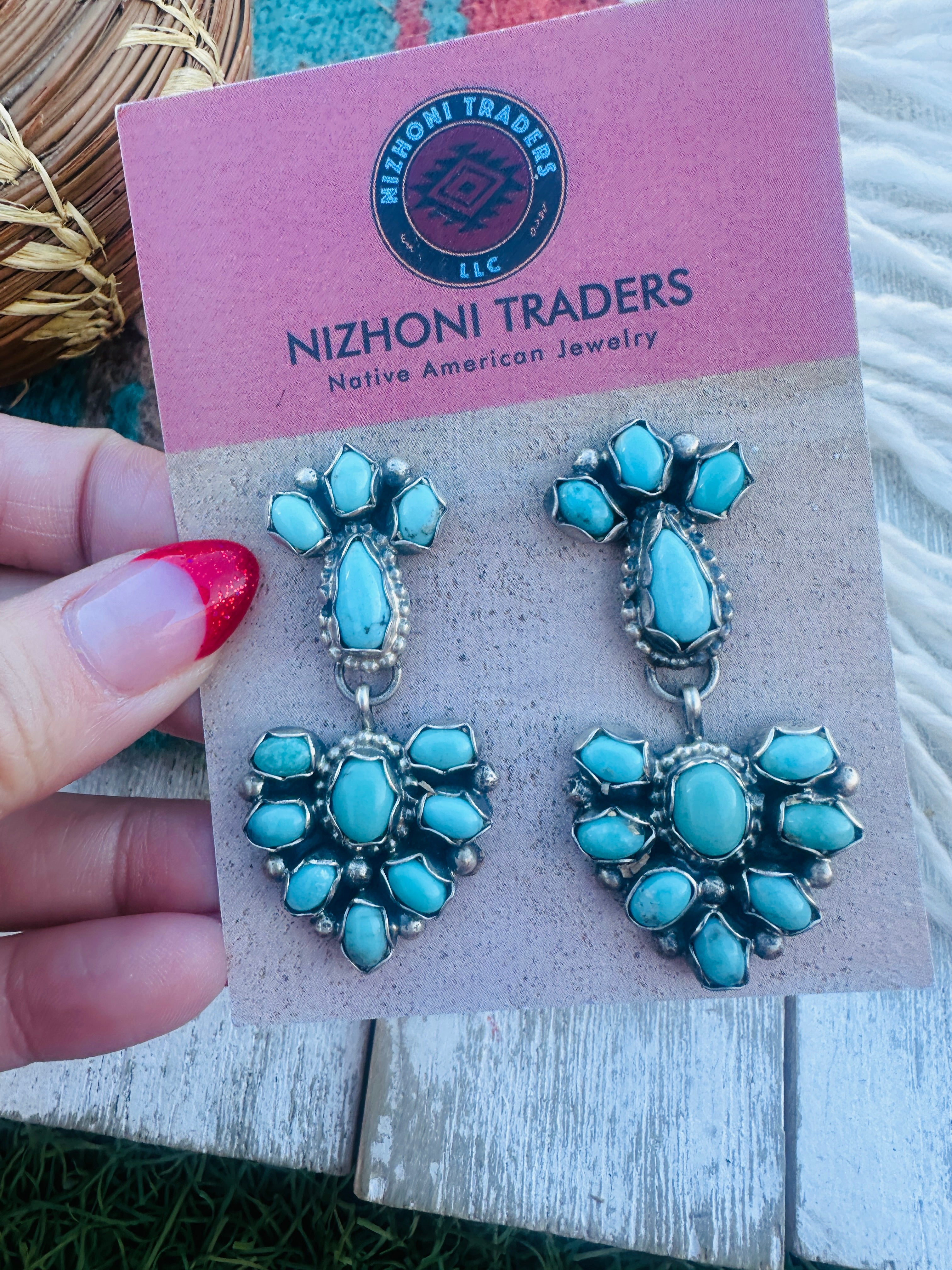 Handcrafted Turquoise And Sterling Silver Cluster Dangle Earrings by Sheila Becenti