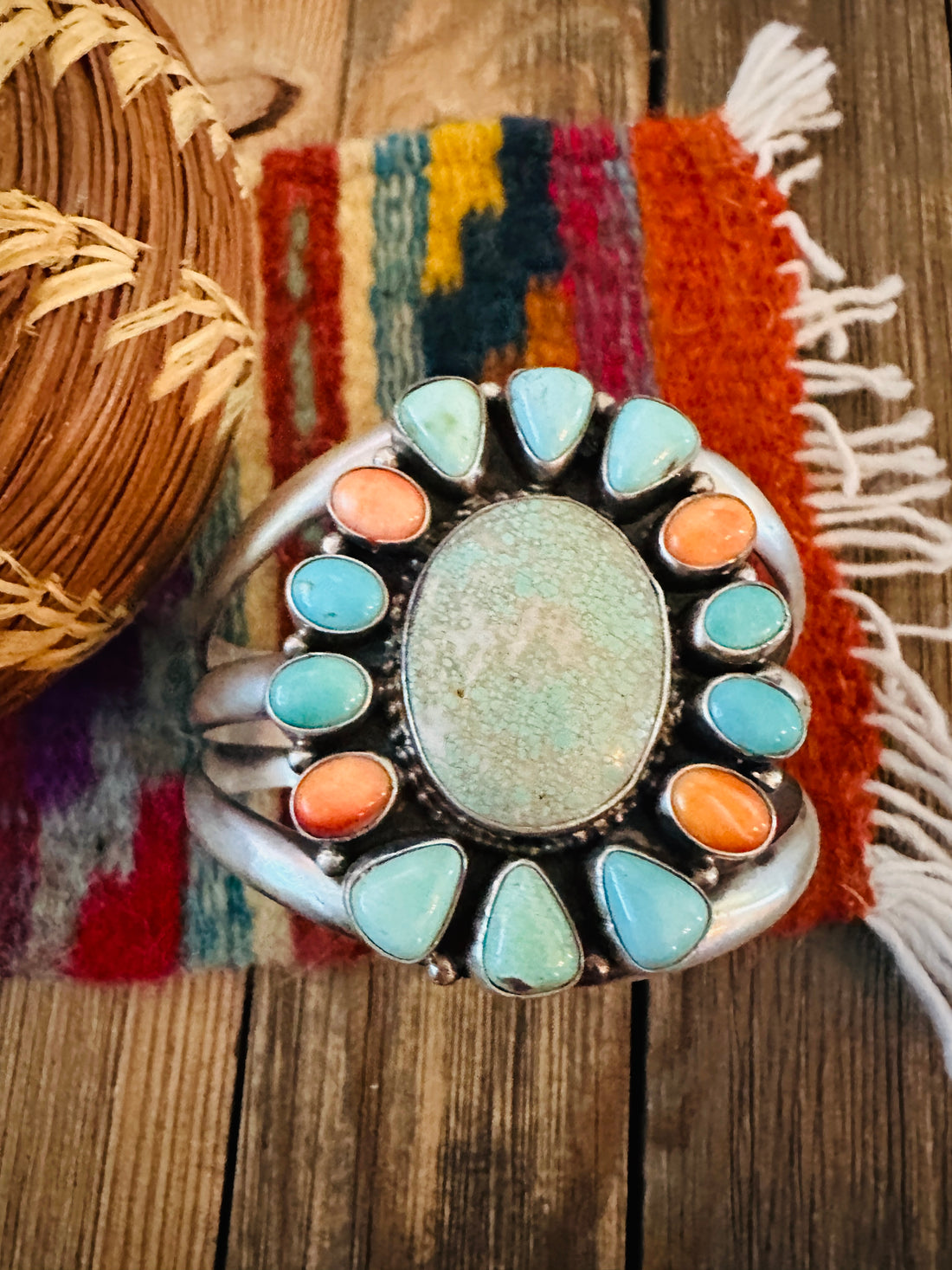 Handcrafted Dry Creek Turquoise, Orange Spiny & Sterling Silver Cuff Bracelet by Sheila Becenti