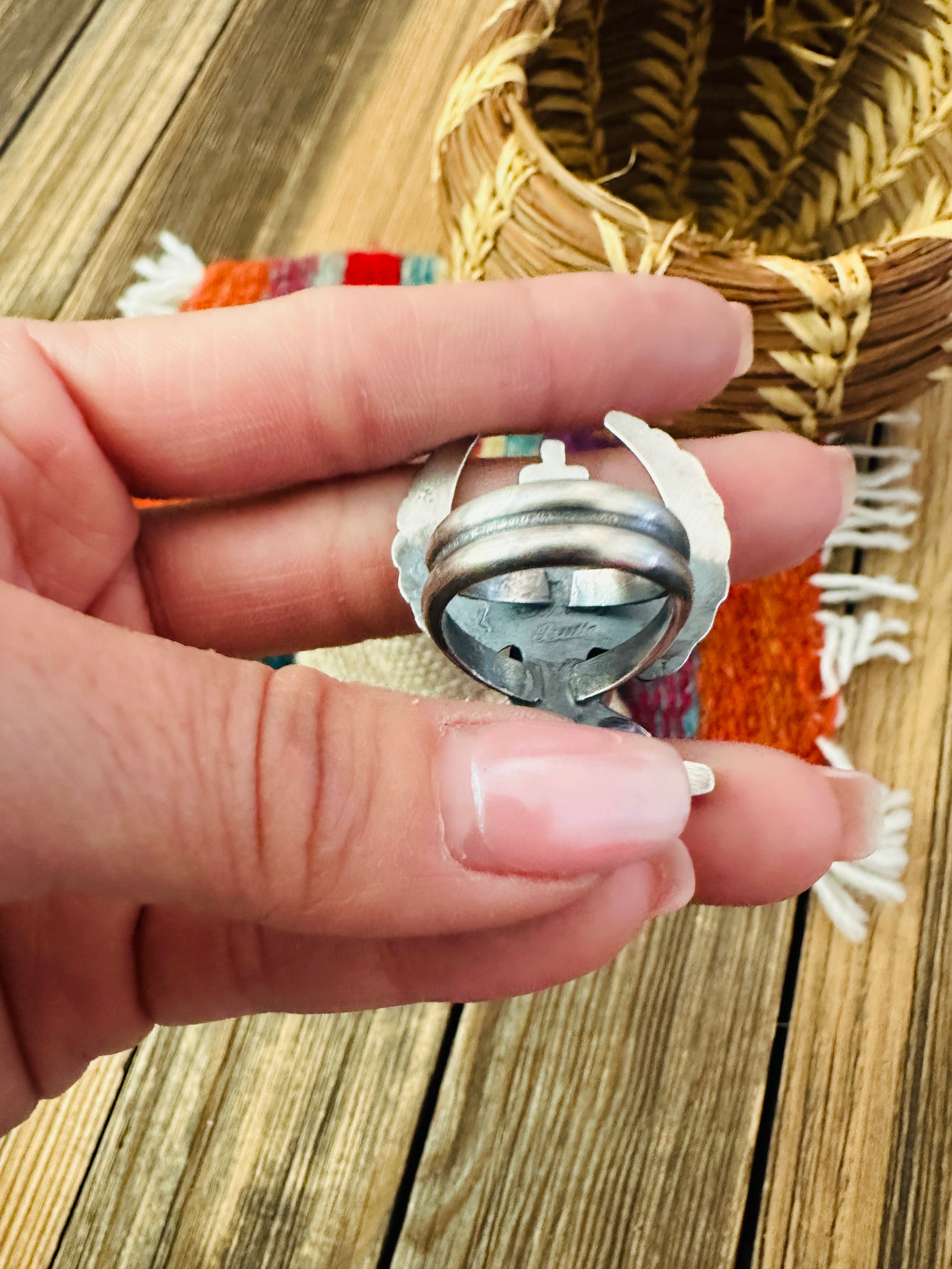 Handcrafted Queen Pink Conch and Sterling Silver Thunderbird Ring size 5 by Chimney Butte