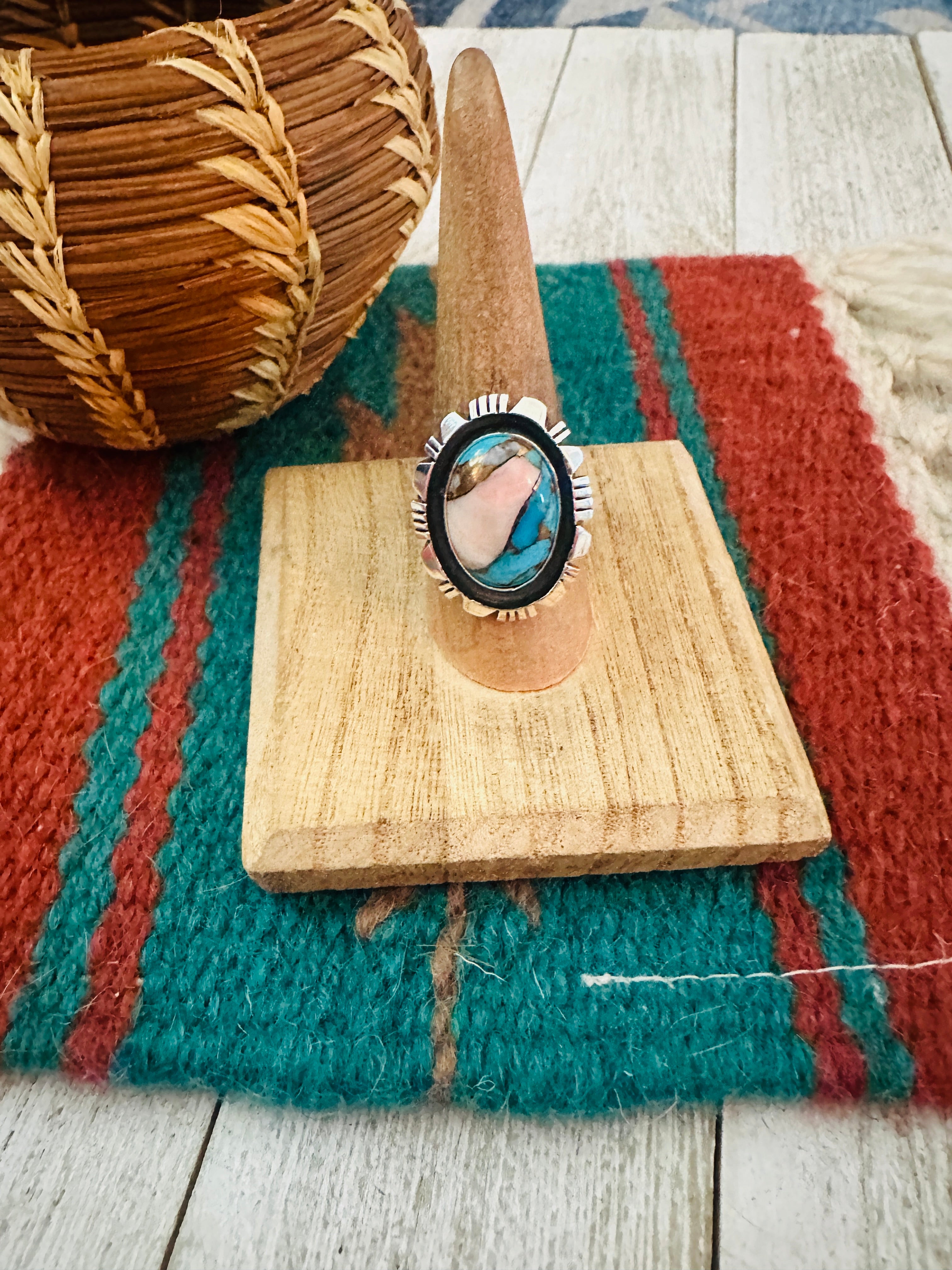 Navajo Sterling Silver & Pink Dream Mojave Adjustable Ring