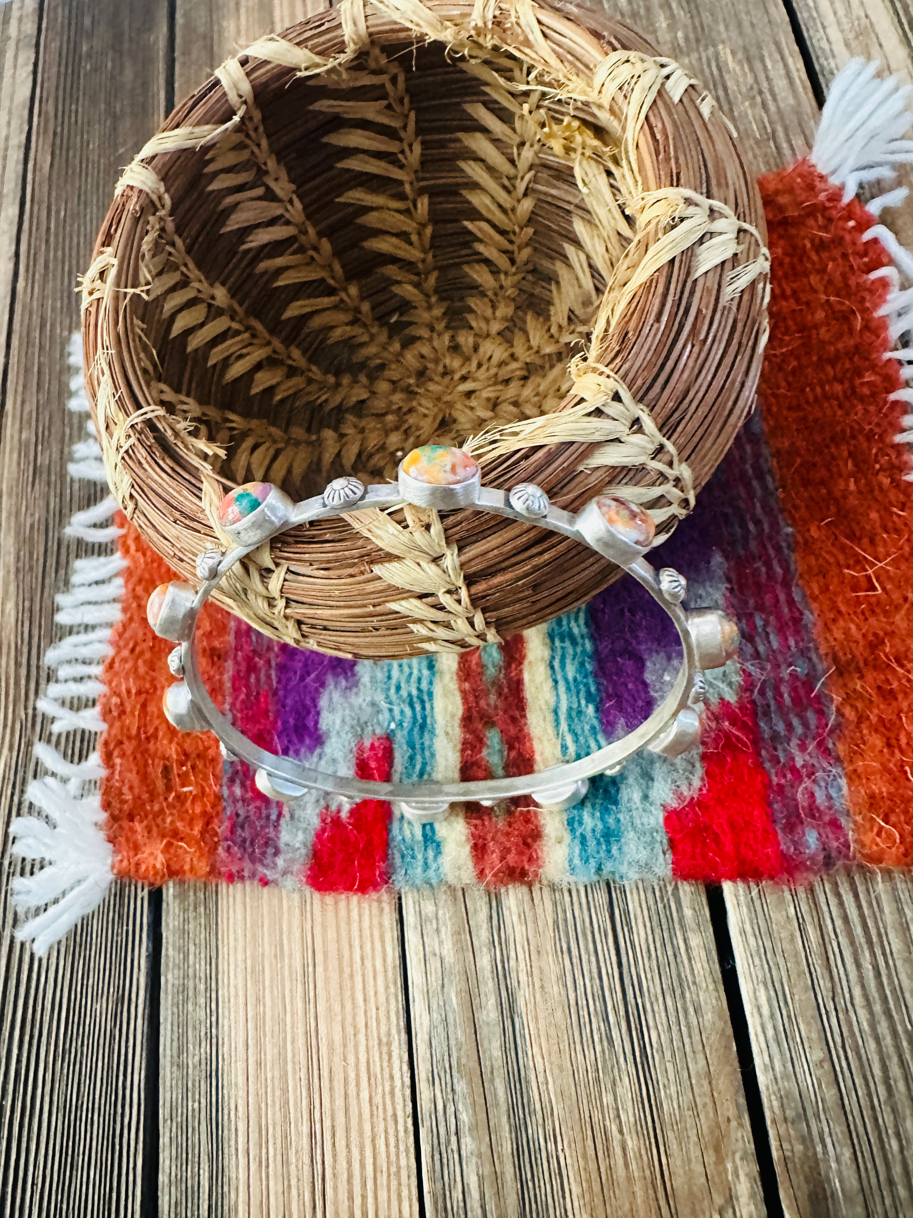 Handcrafted Multi Stone & Sterling Silver Bangle Bracelet