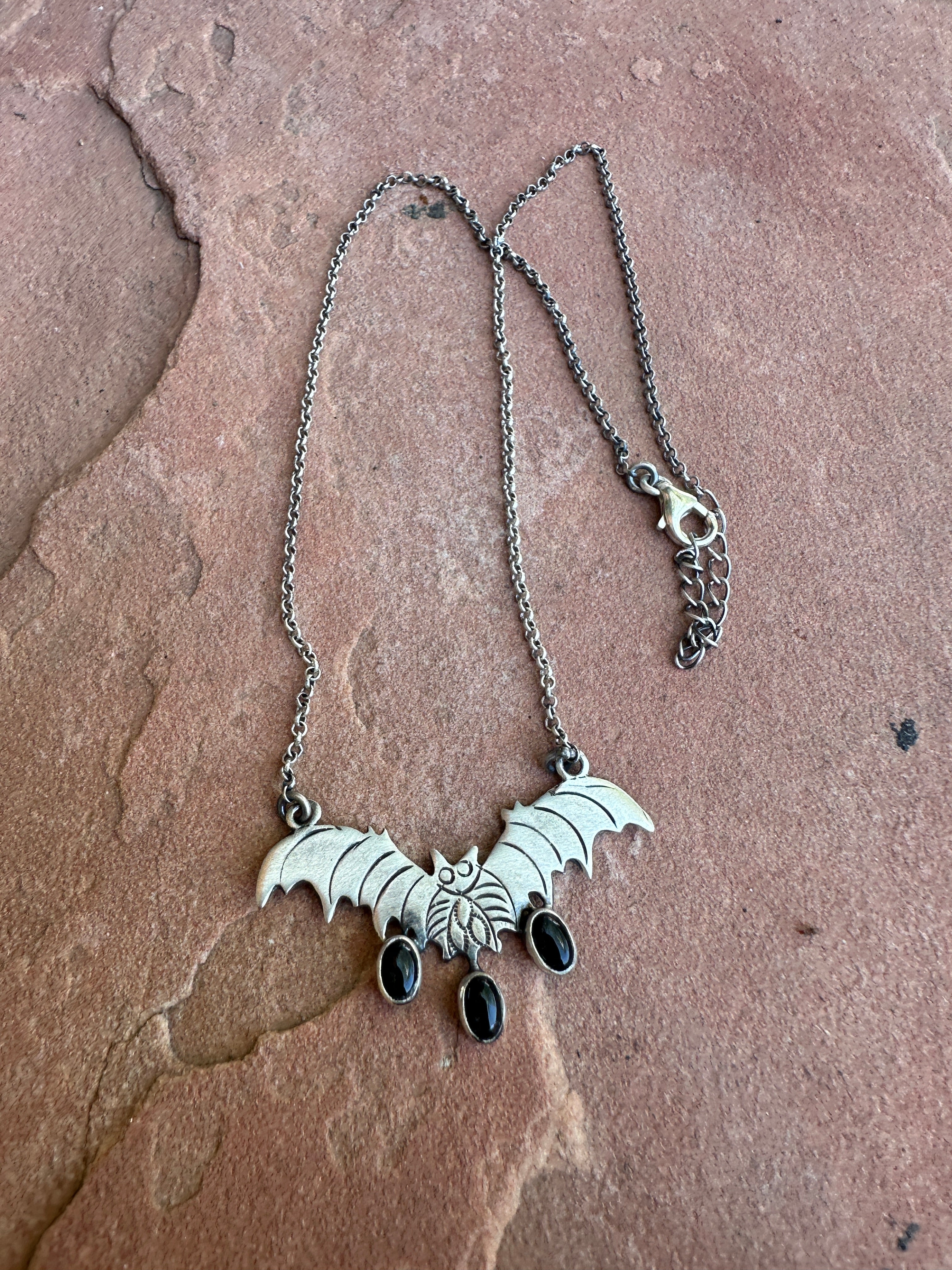 Beautiful Handmade Sterling Silver & Onyx Bat 3 Stone Necklace