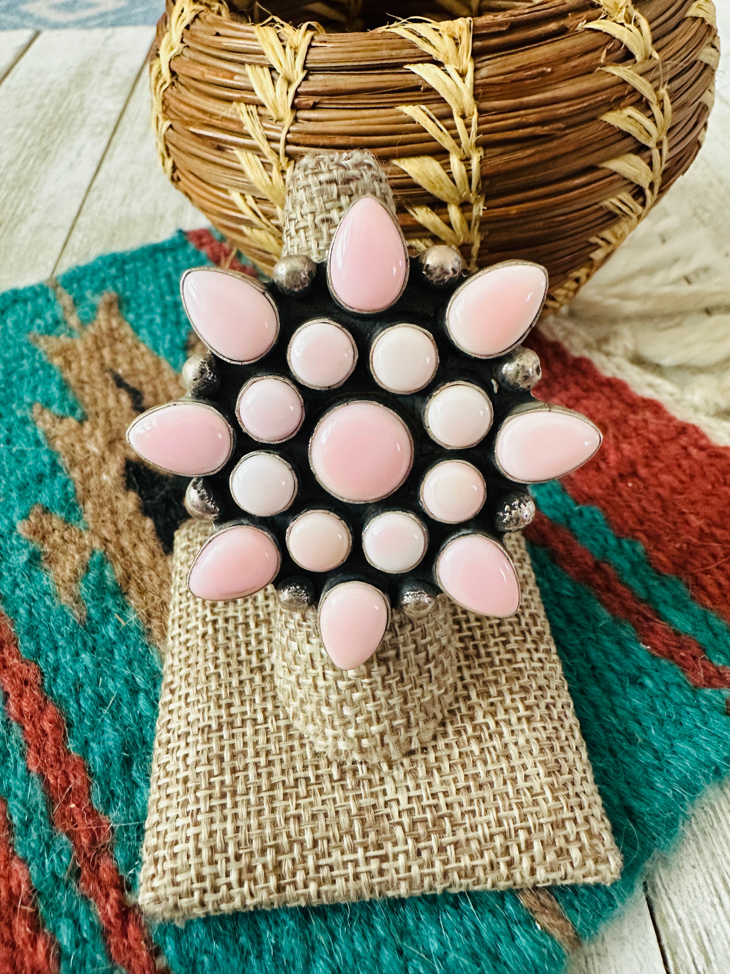 Handcrafted Sterling Silver & Queen Pink Conch Cluster Adjustable Ring