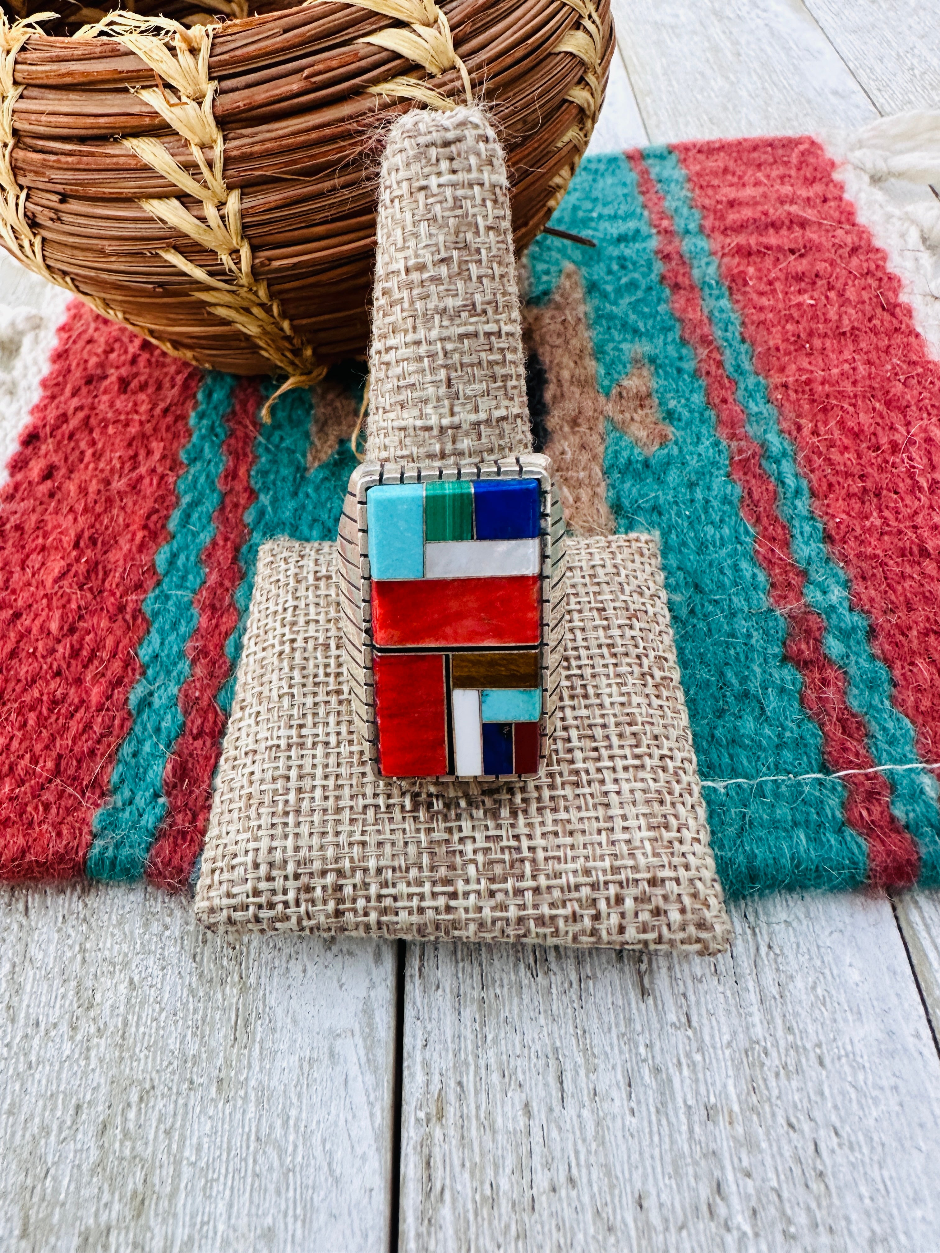 Old Pawn Navajo Sterling Silver & Multi Stone Inlay Ring Size 12.5