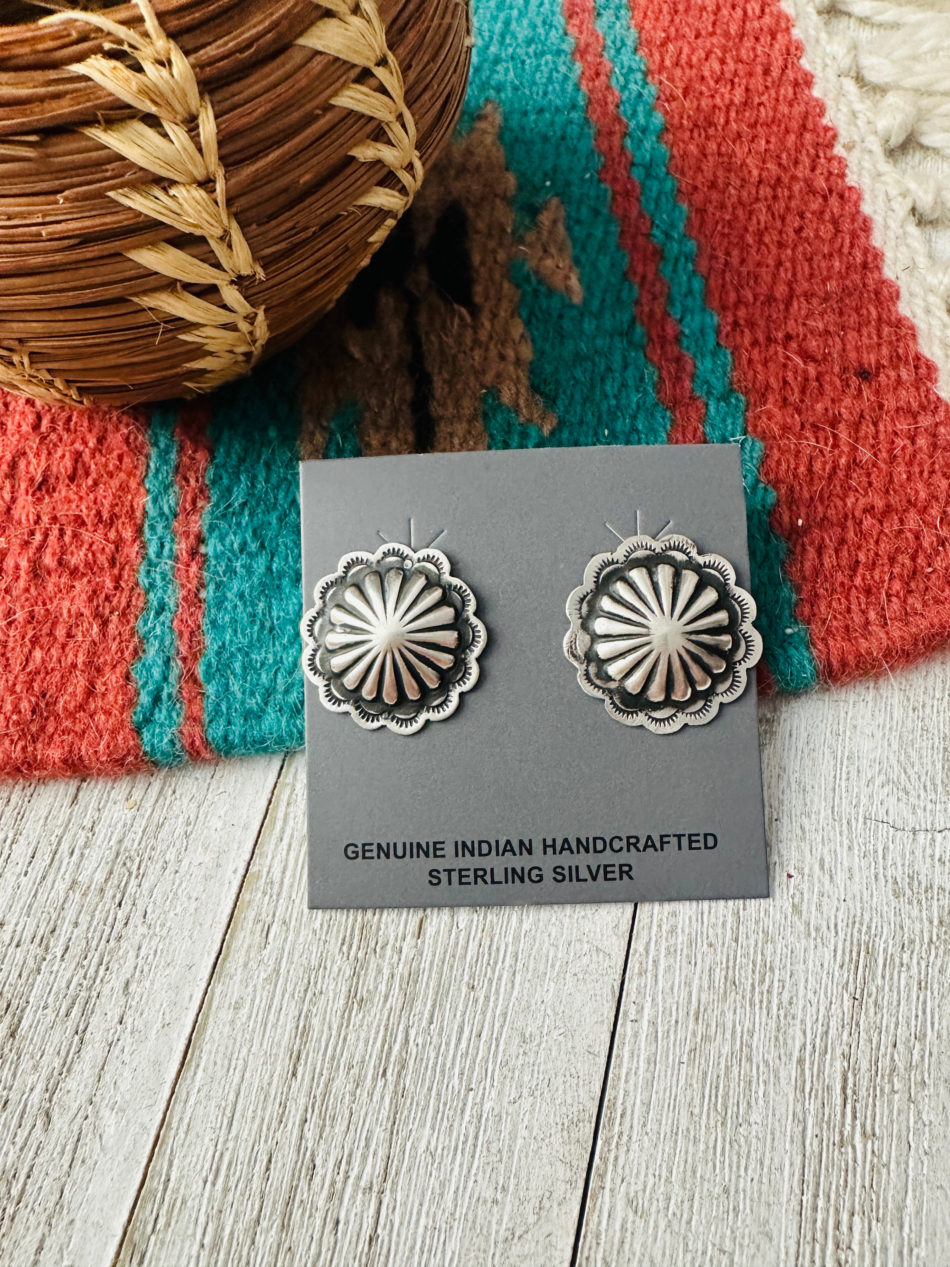 Handcrafted Stamped Sterling Silver Concho Post Earrings