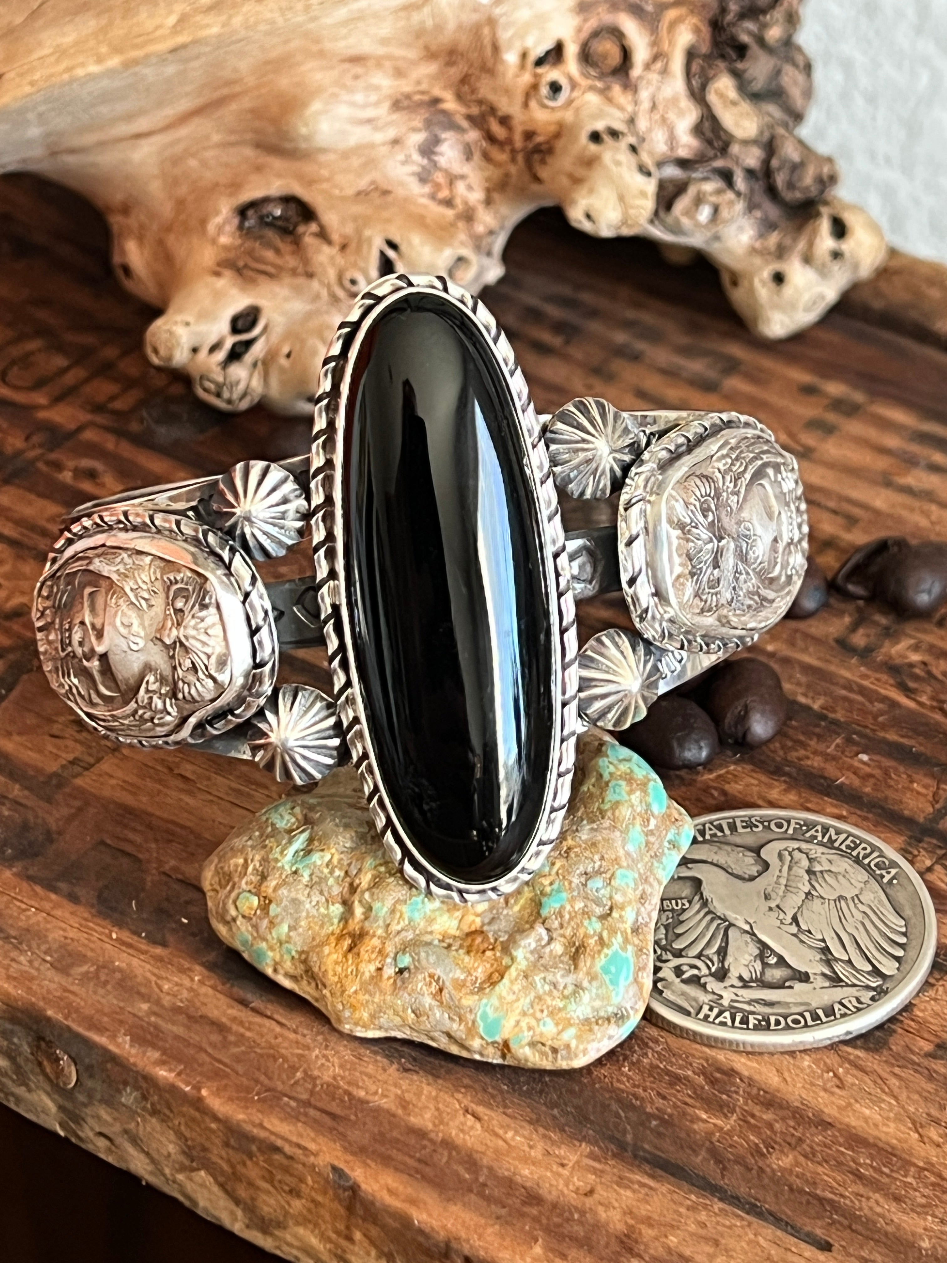 Sterling Silver Handcrafted Cuff Bracelet with Onyx, Owl and Skull Detail, Taller Stone