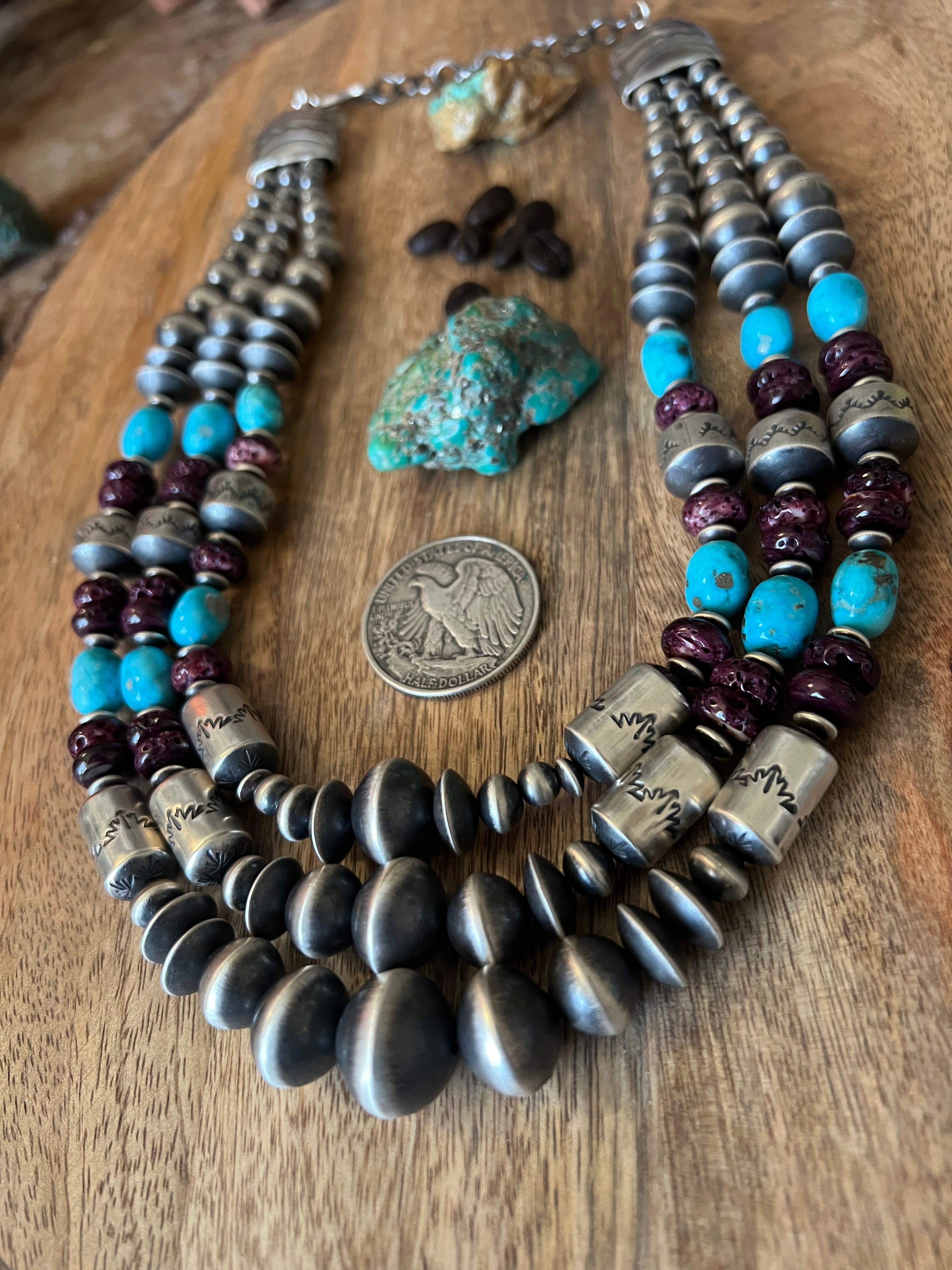 Rose Martin Handcrafted Triple Strand Sterling Silver, Spiny Oyster and Sonoran Mountain Bead Necklace