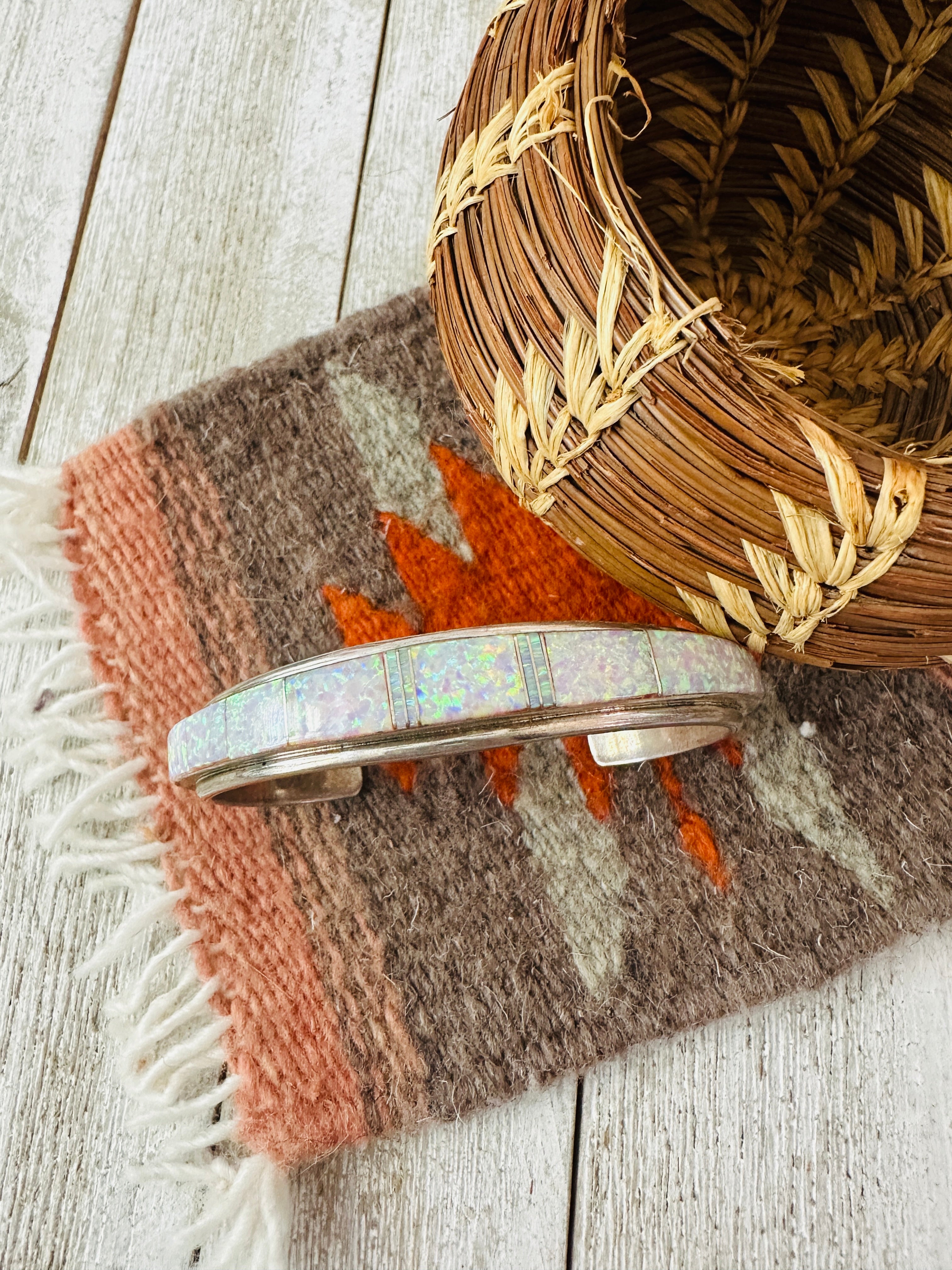 Handcrafted Old Pawn White Opal & Sterling Silver Inlay Cuff Bracelet