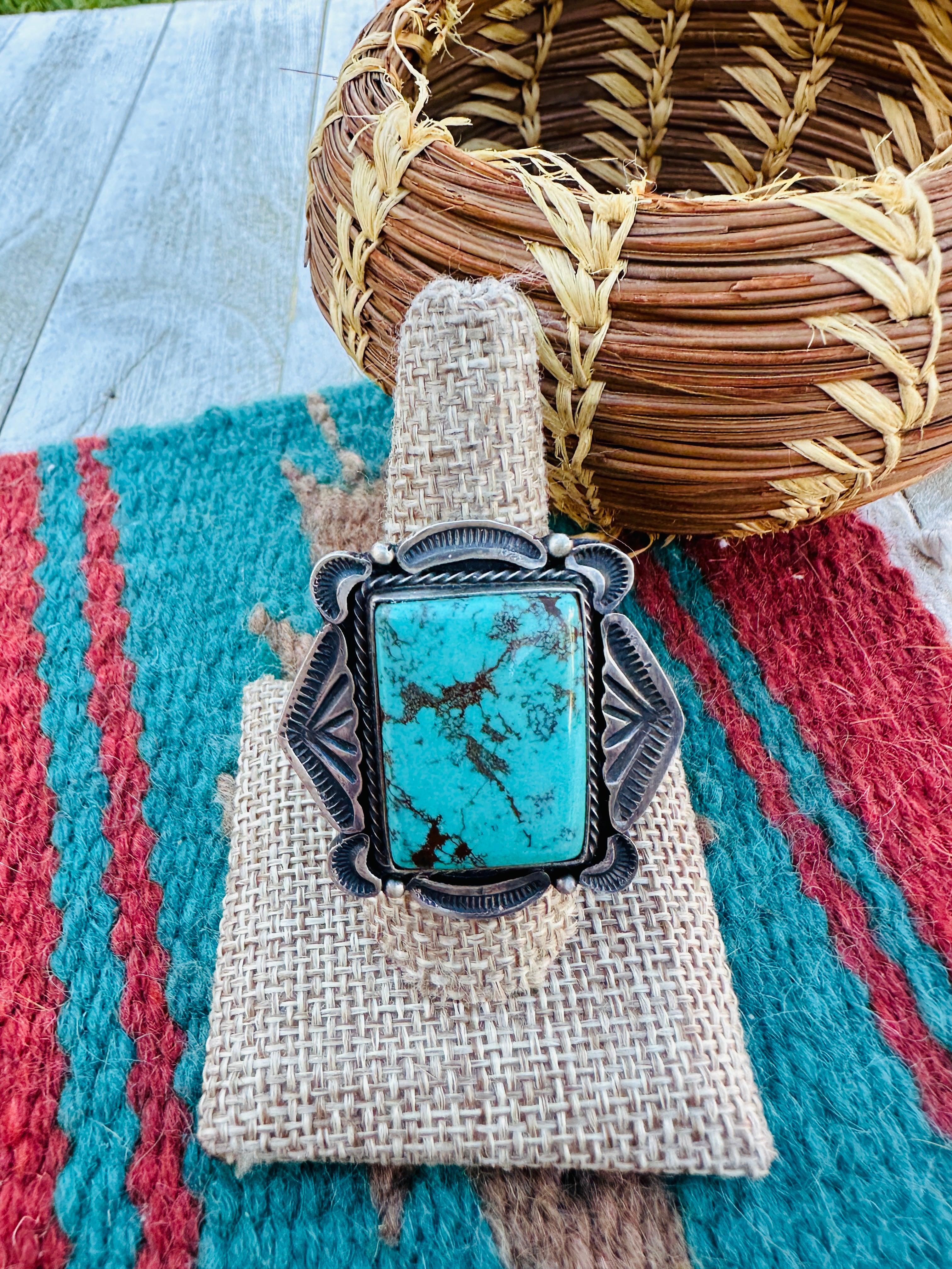 Hand Crafted Turquoise & Sterling Silver Ring Size 9 by Sheila Tso