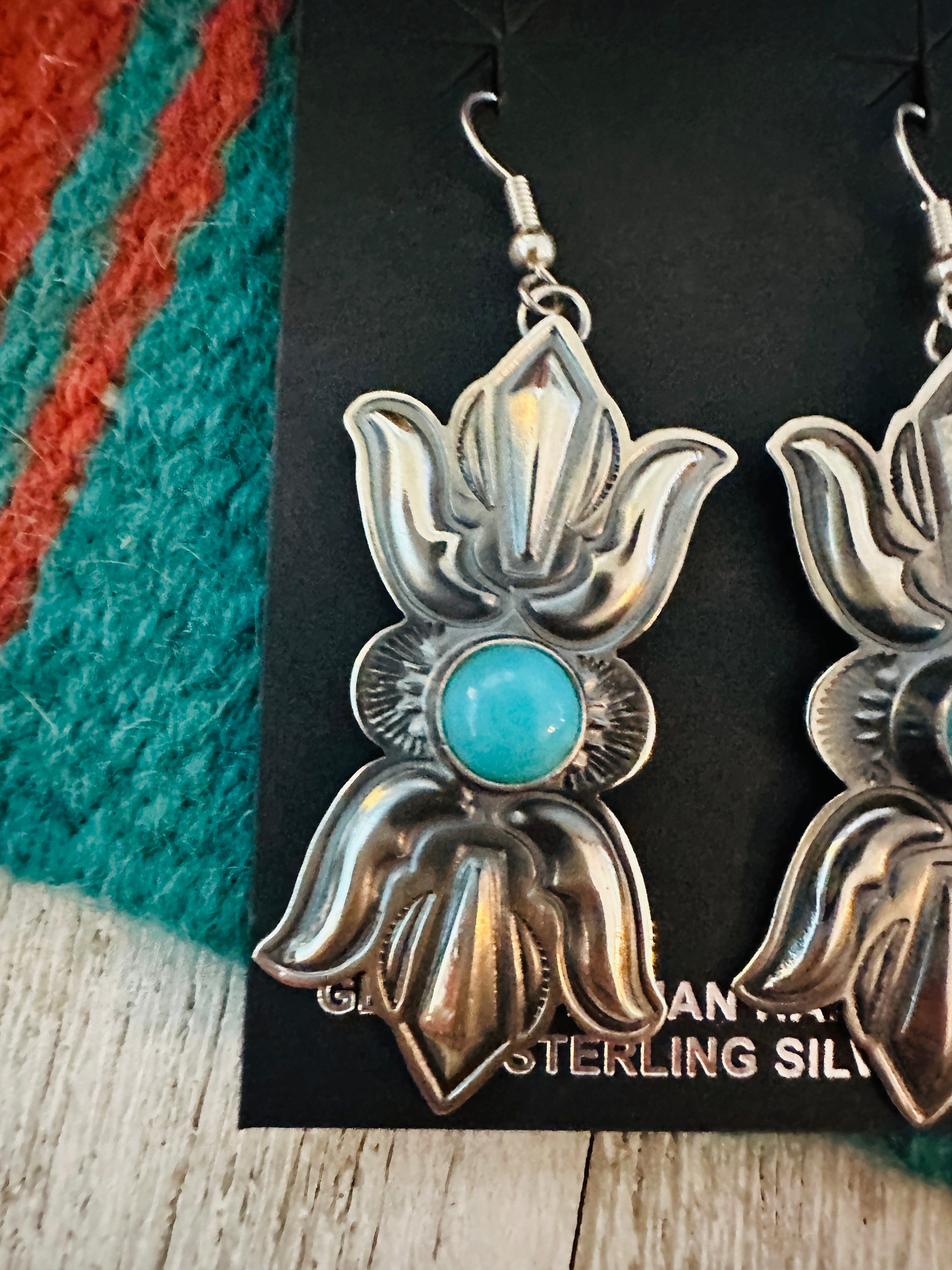 Navajo Hand Stamped Sterling Silver & Turquoise Concho Dangle Earrings