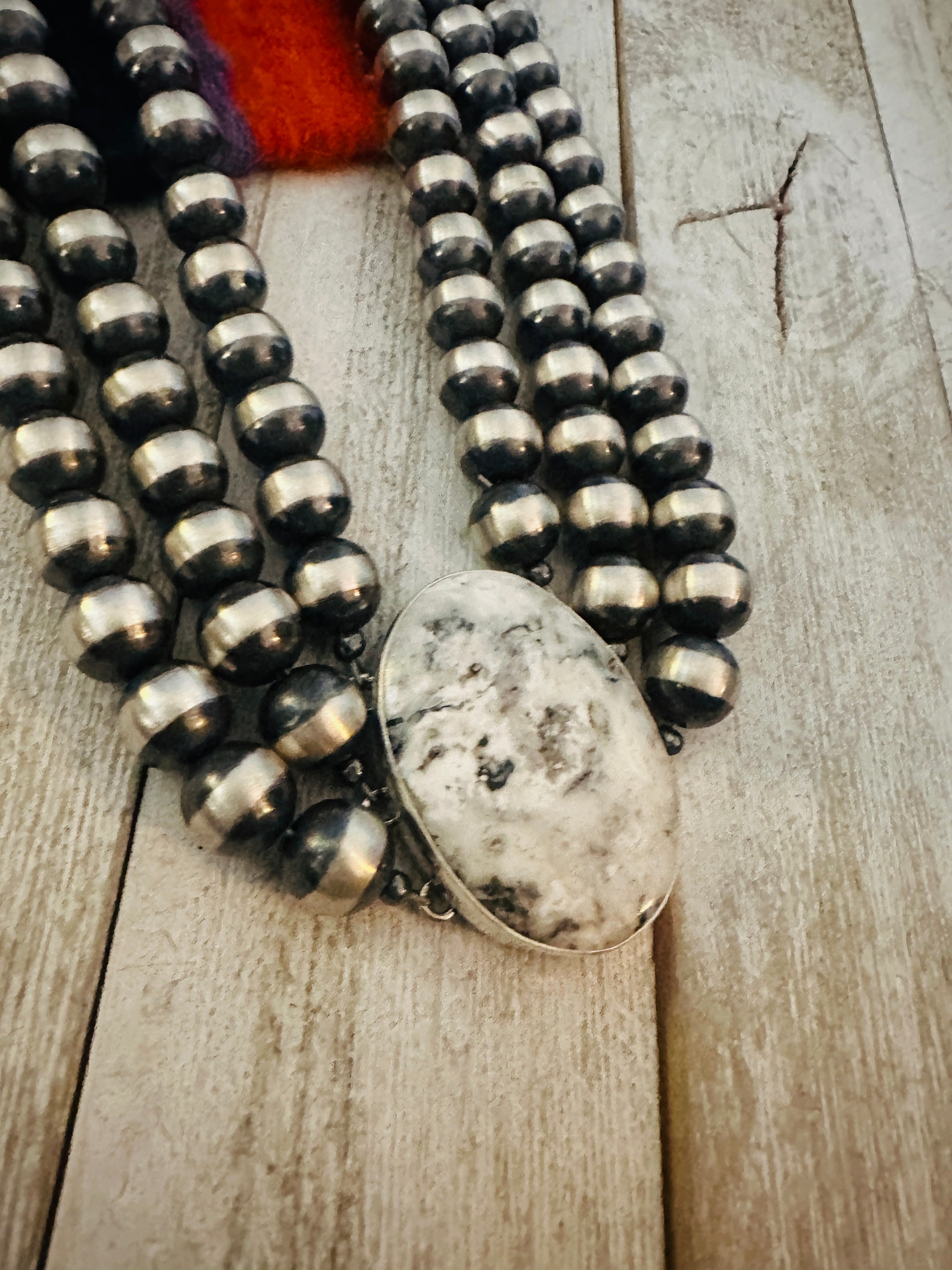 Navajo Sterling Silver & White Buffalo Beaded Triple-Strand Necklace