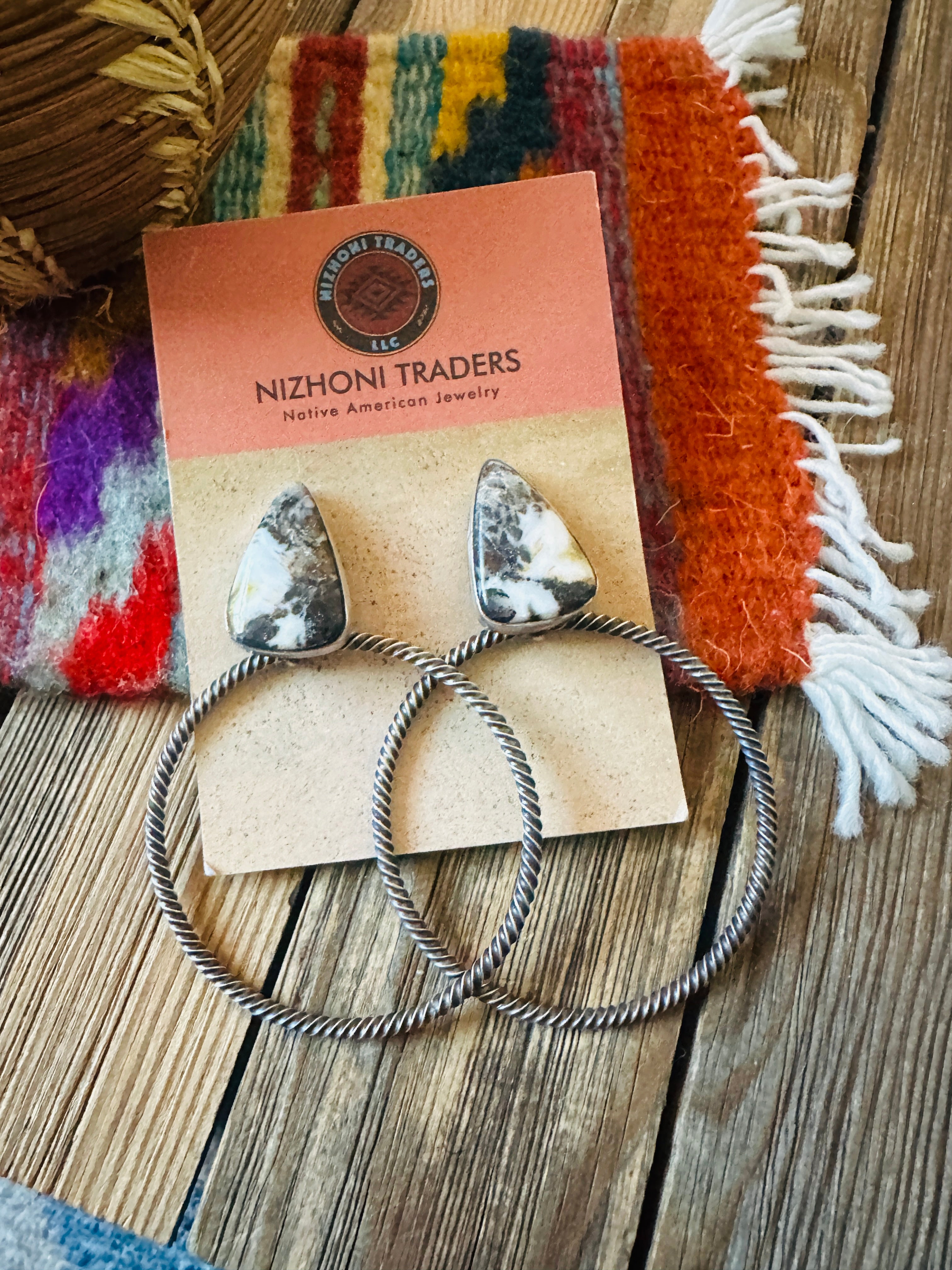 Handcrafted White Buffalo & Sterling Silver Dangle Hoop Earrings