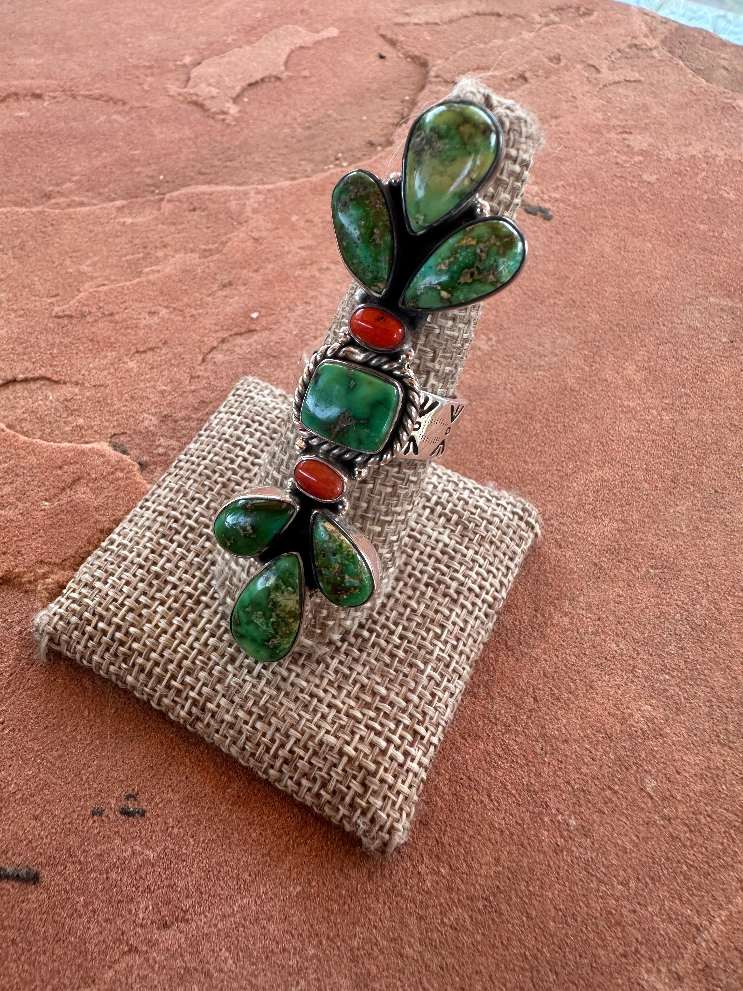 Beautiful Handmade Coral, Sonoran Turquoise And Sterling Silver Adjustable Ring