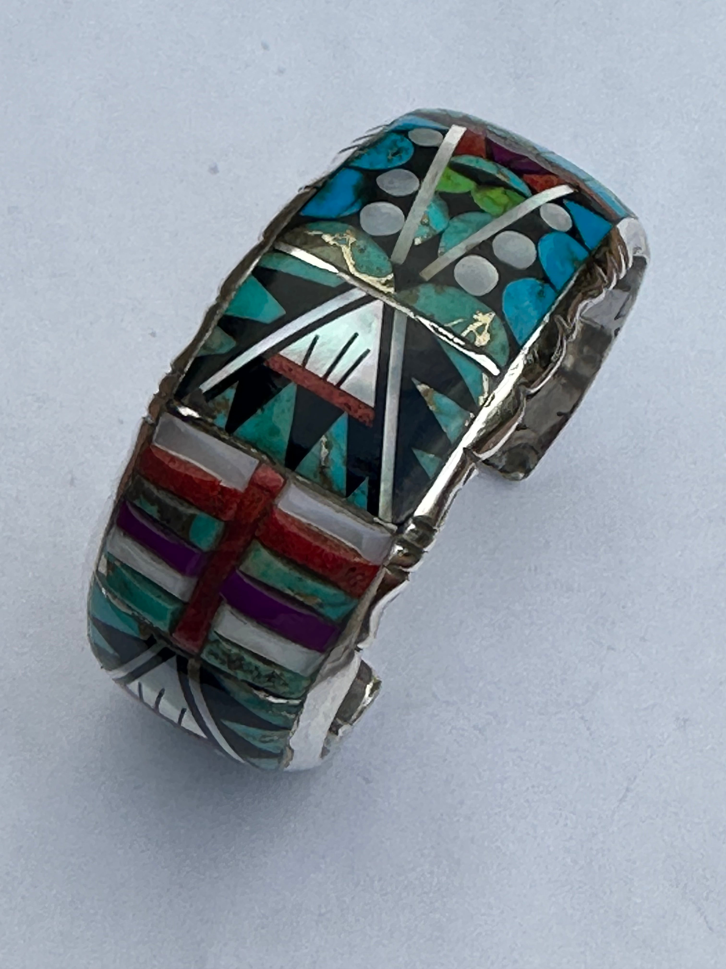 Handmade Sterling Silver Multi Stone Mosaic  Inlay Cuff