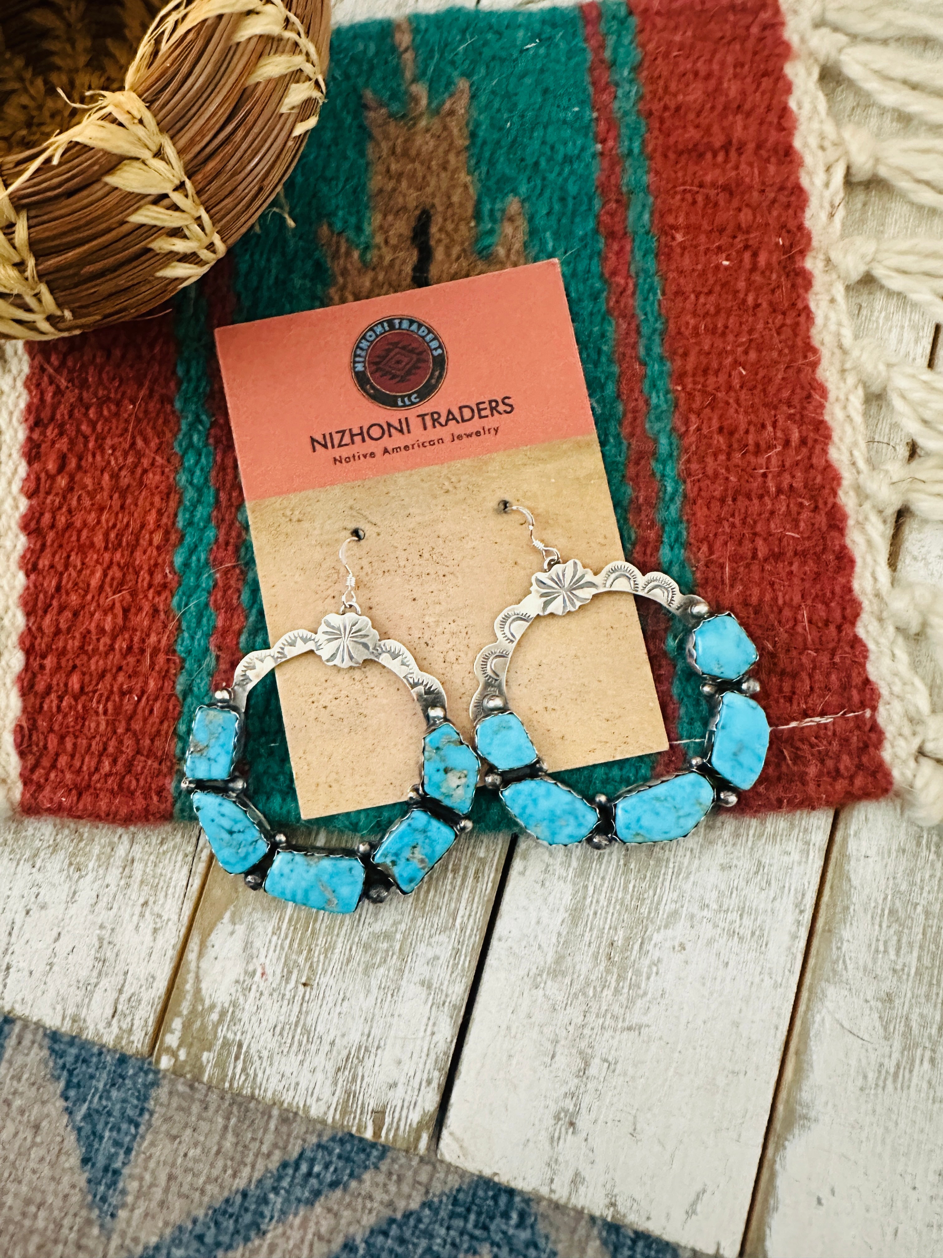 Handcrafted Turquoise & Sterling Silver Dangle Hoop Earrings