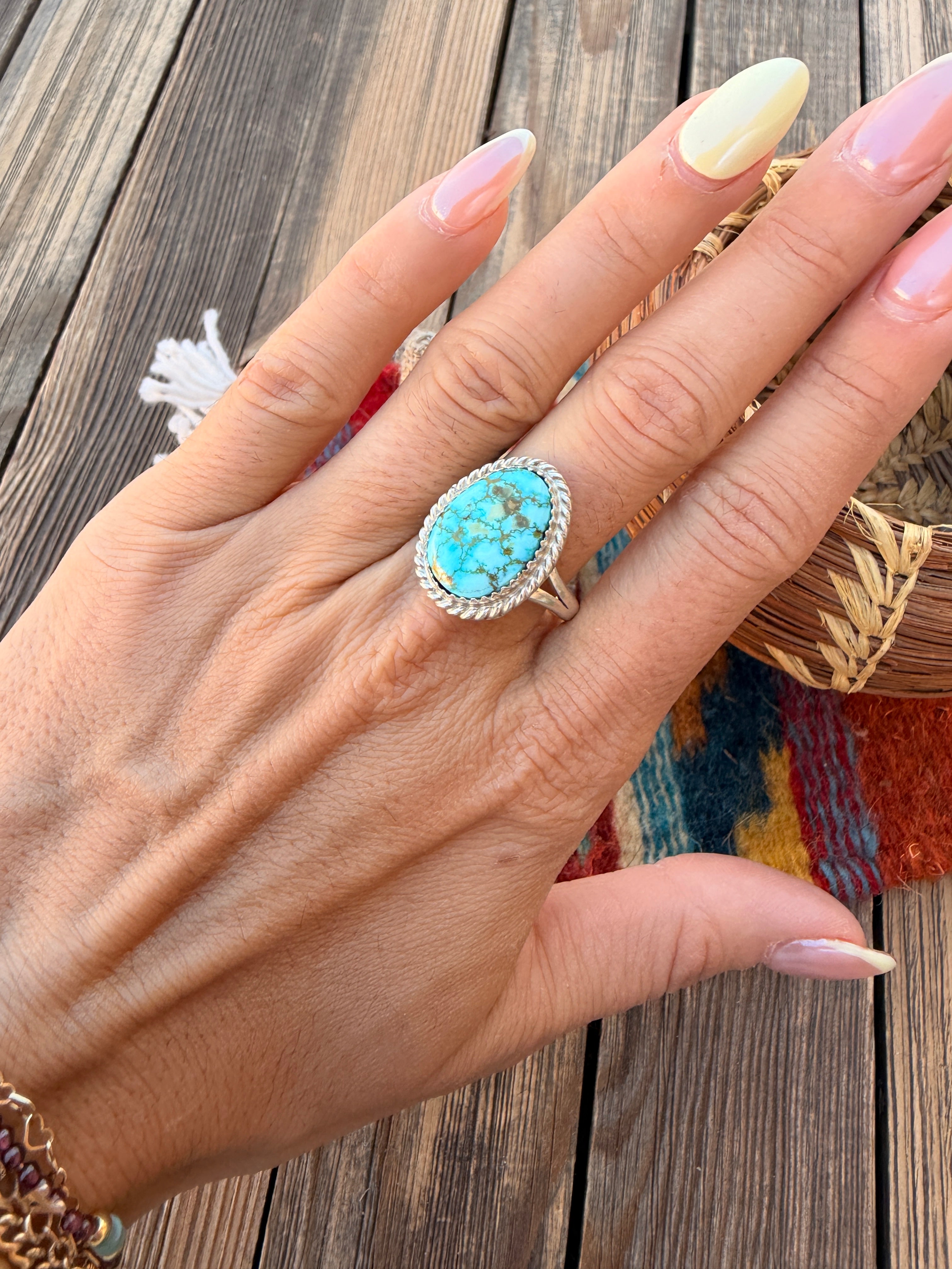 Handcrafted Turquoise & Sterling Silver Ring Size 10