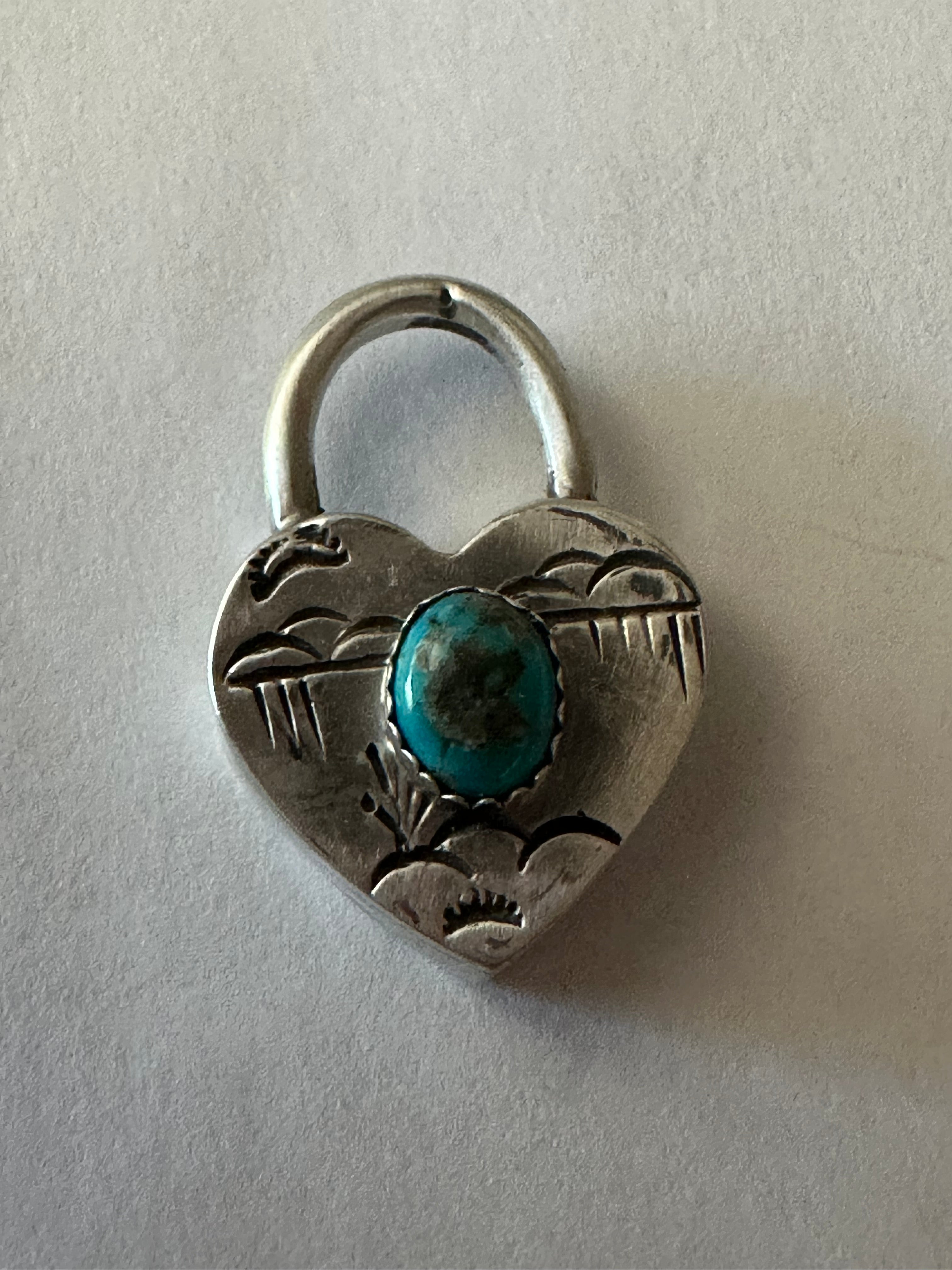 Navajo Turquoise & Sterling Silver Heart Locket Pendant Signed Russell Sam BLUE TONES