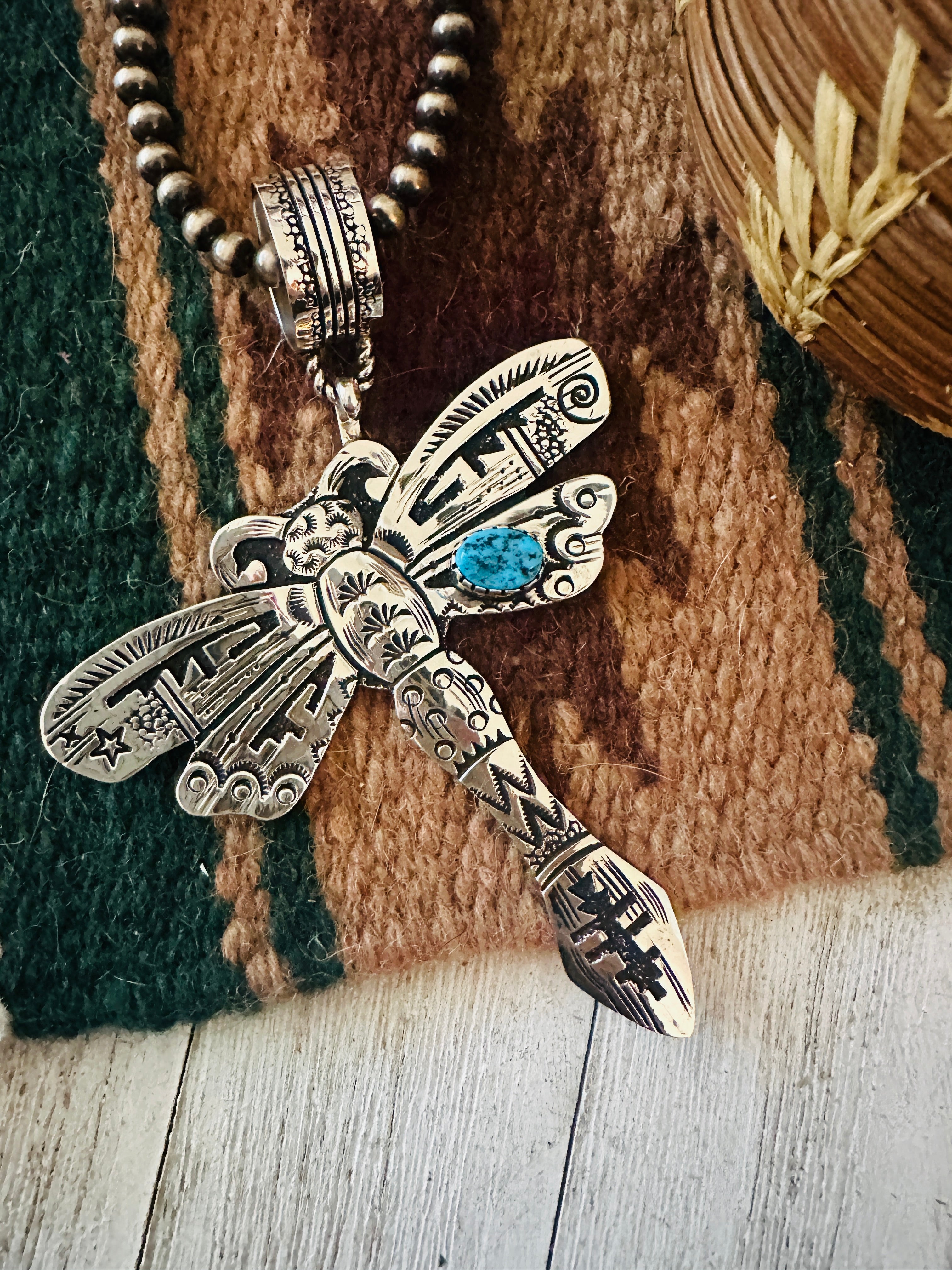 Navajo Turquoise & Sterling Silver Dragonfly Pendant Signed Richard Singer