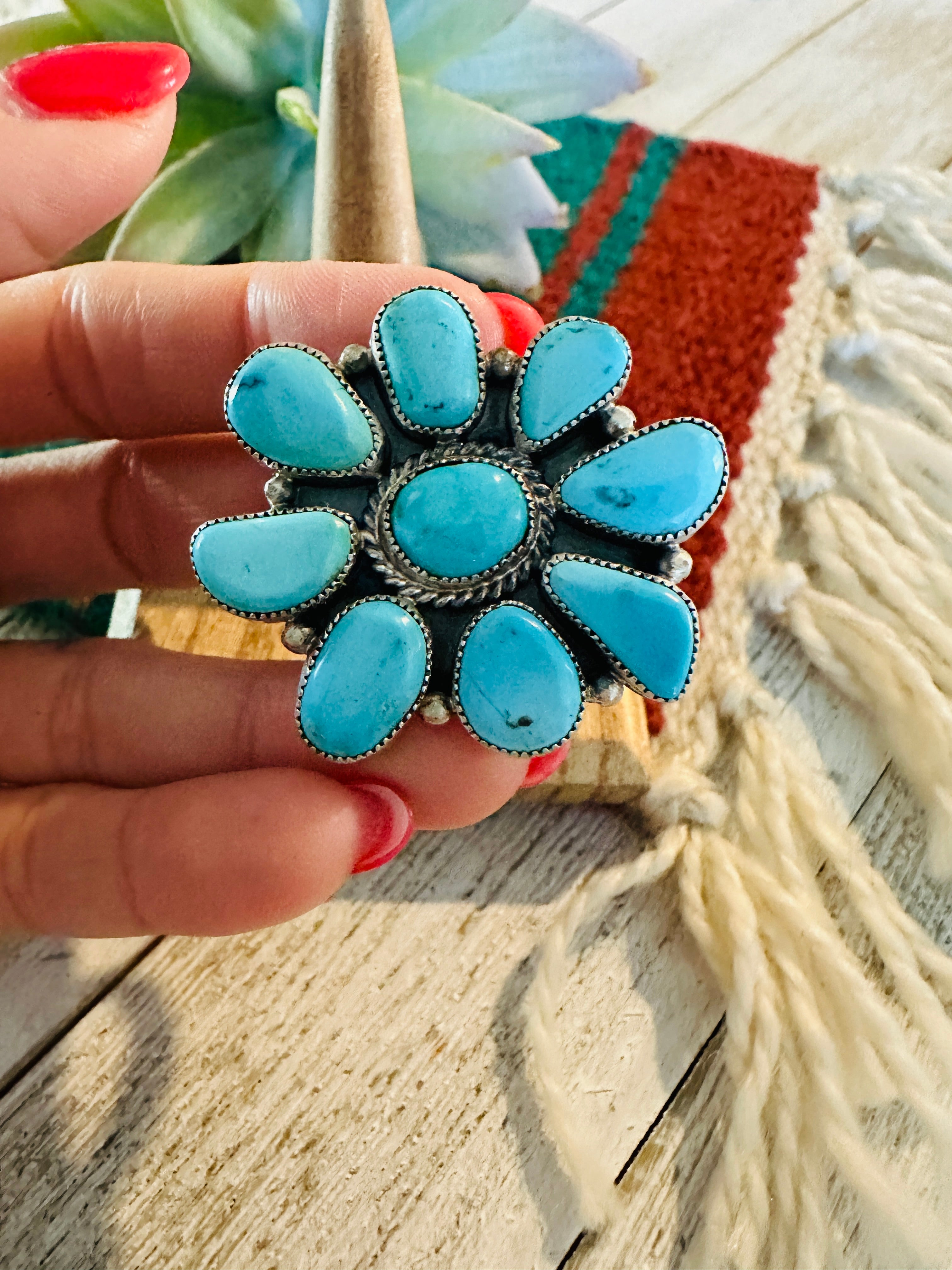 Navajo Turquoise & Sterling Silver Cluster Ring Size 10