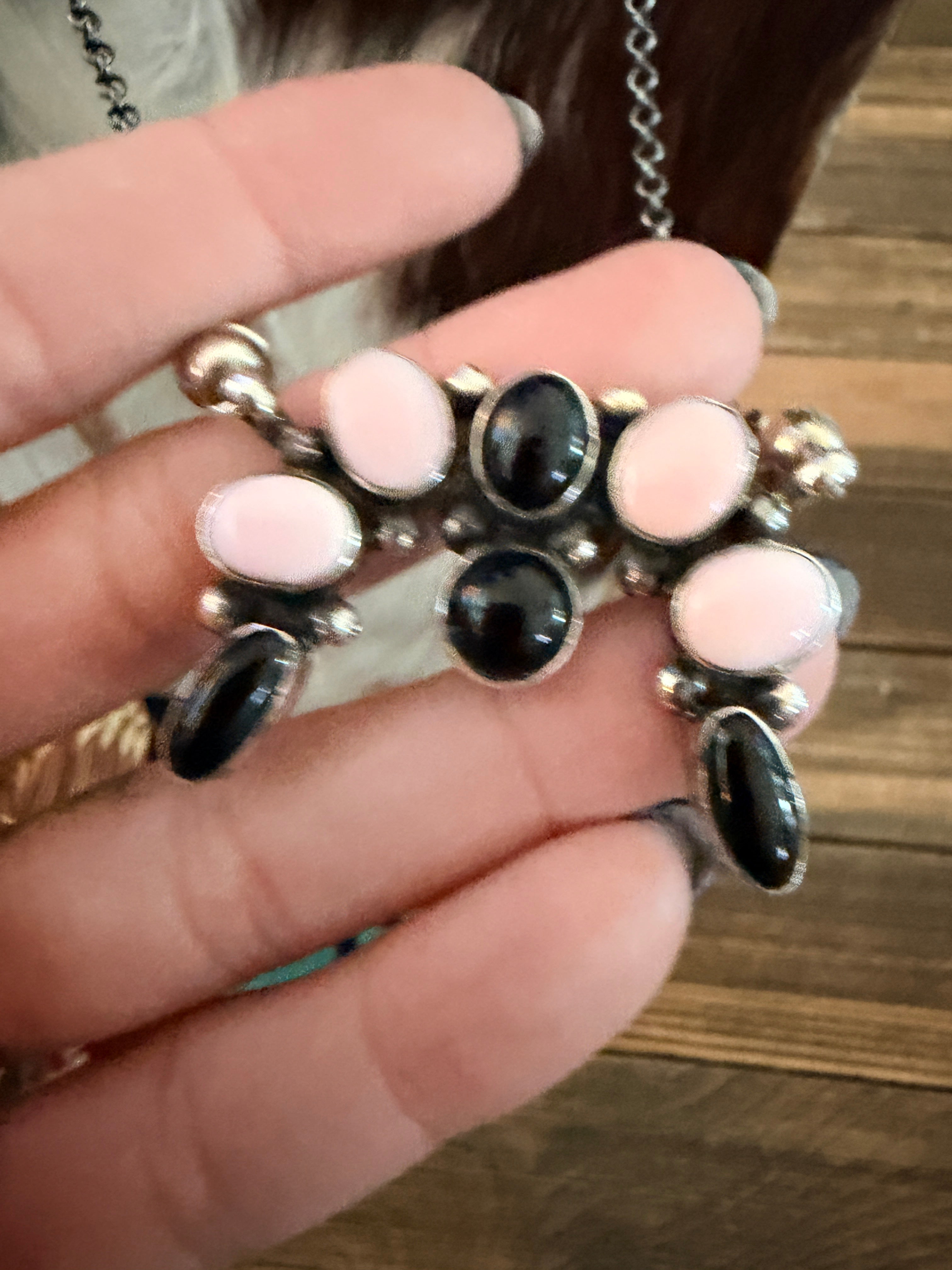 Handcrafted Queen Pink Conch, Onyx & Sterling Silver Naja Necklace by Jacqueline Silver