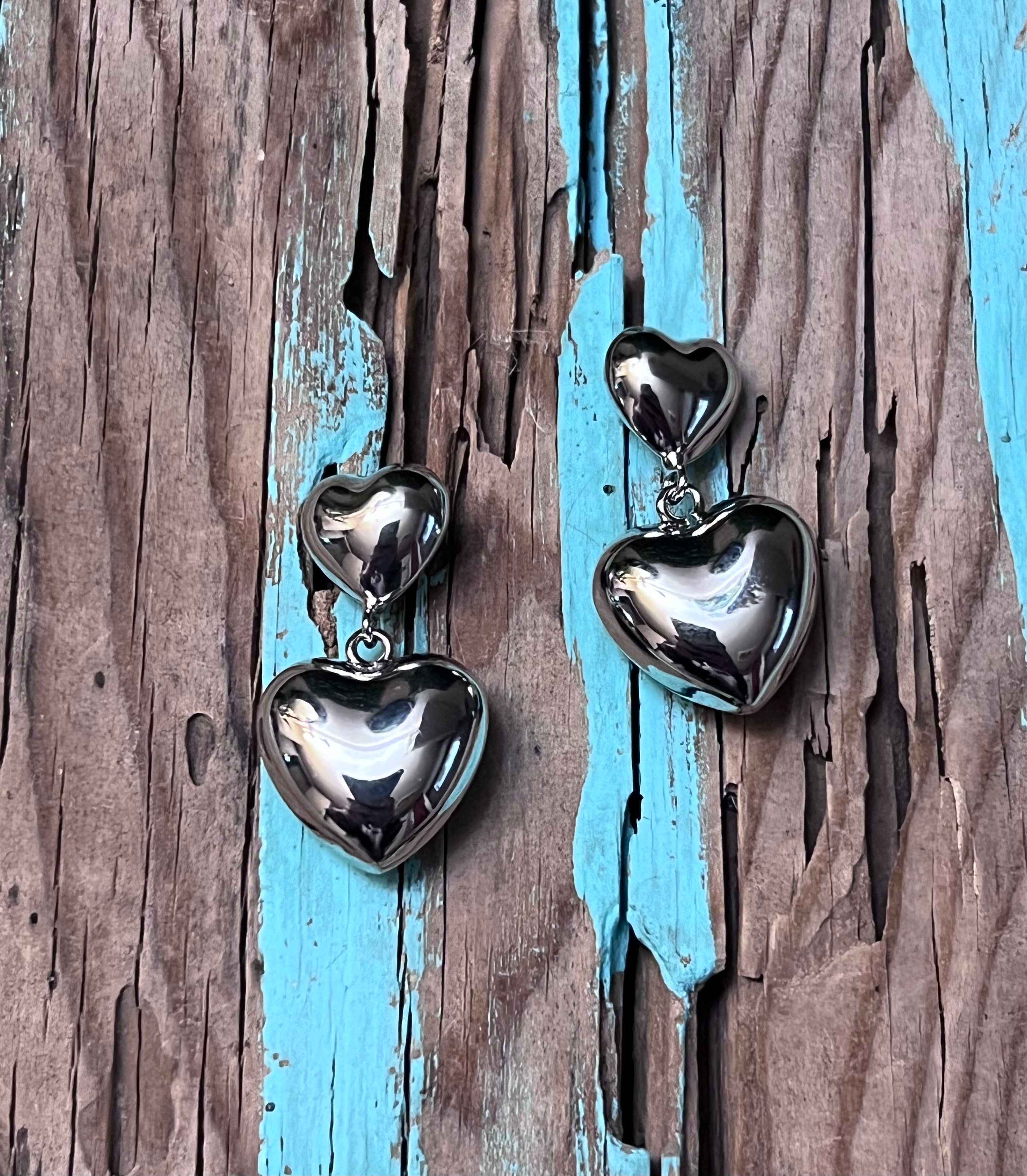 Silver Plated Puffy Heart Dangle Post Earrings