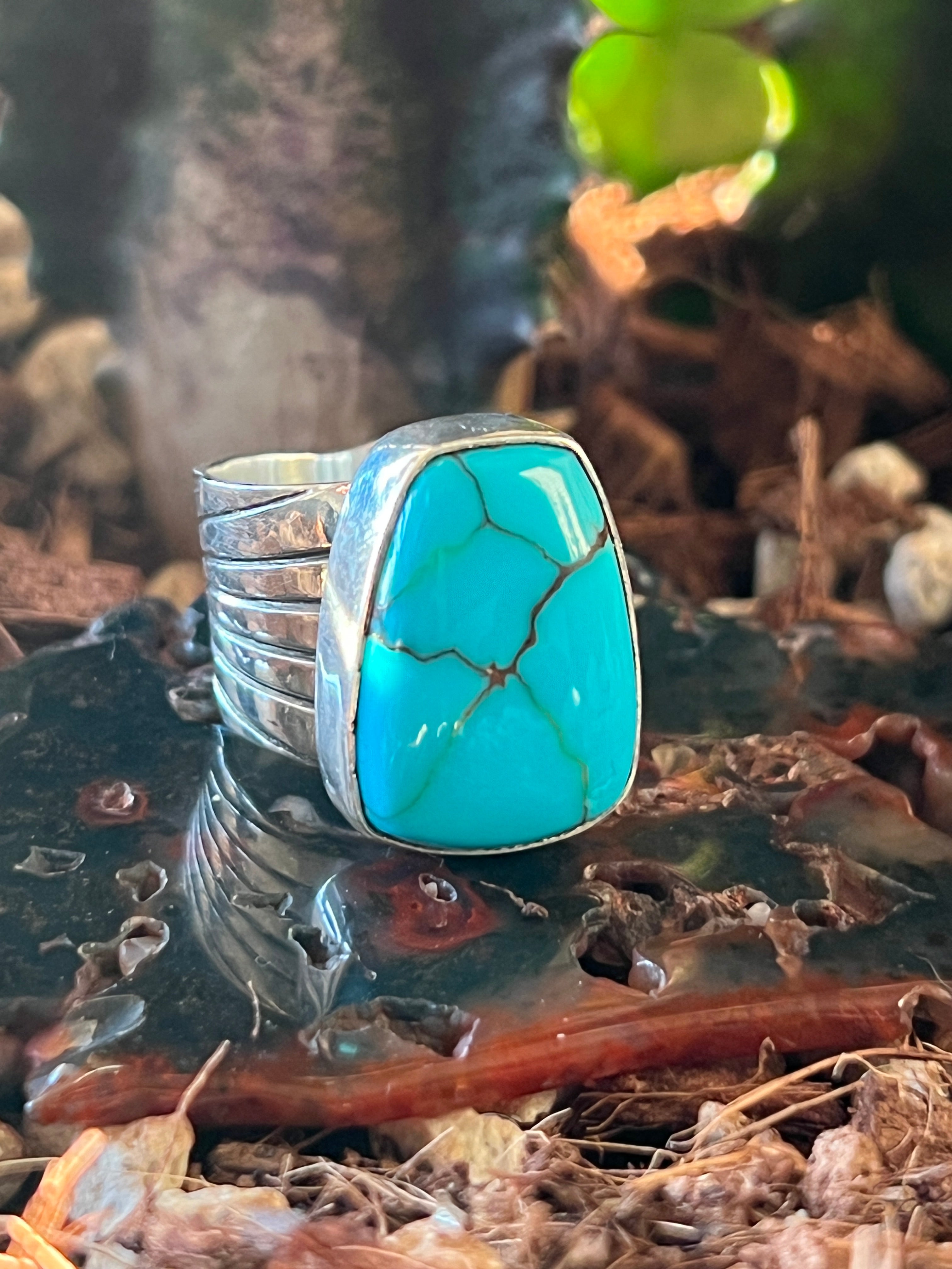 Handcrafted Hand Stamped Sterling Silver and Egyptian Turquoise Wide Shank Ring by Shaun Rogers, Size 8.25