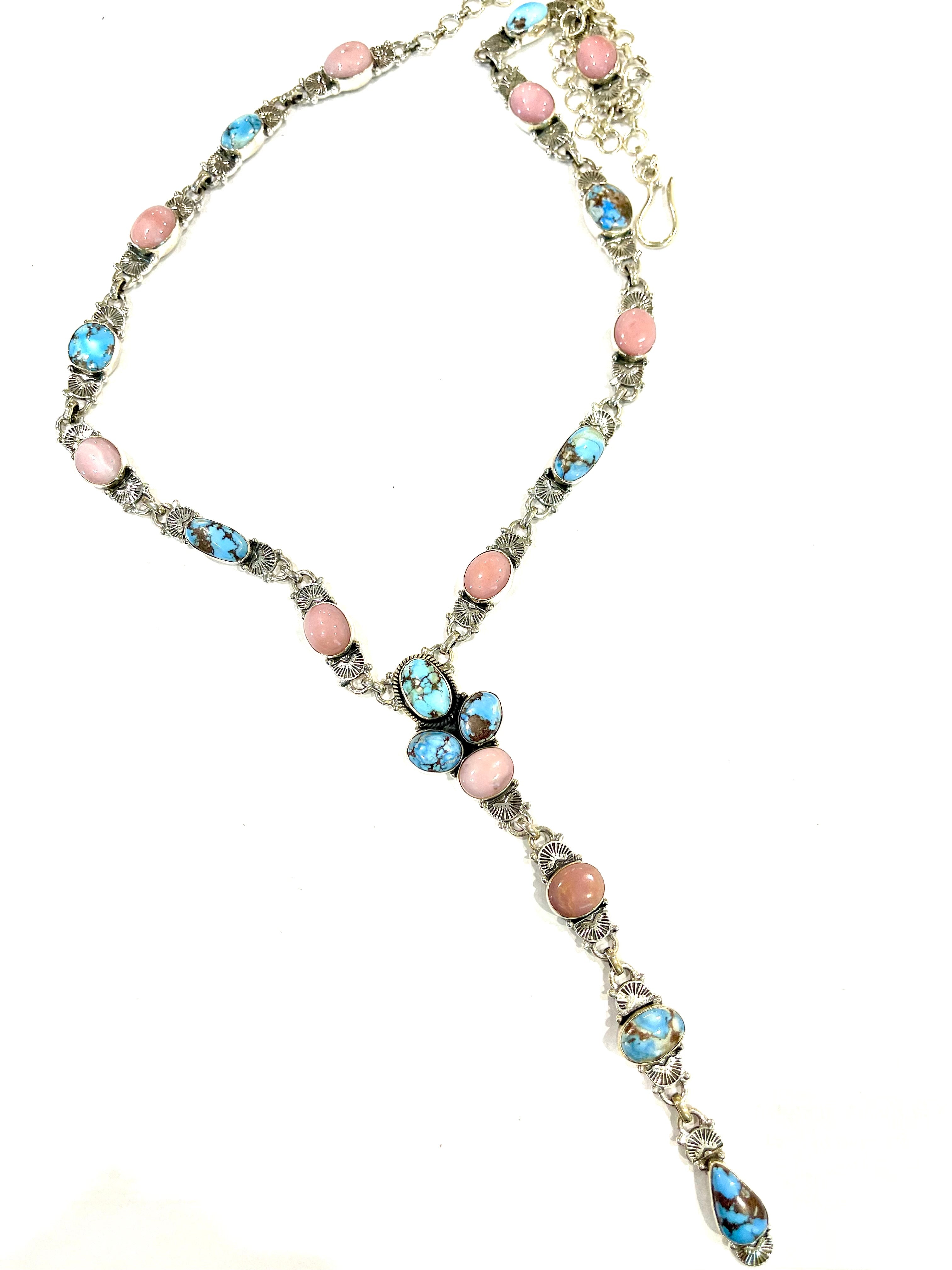 Handmade Sterling Silver, Golden Hills & Pink Conch Lariat Necklace