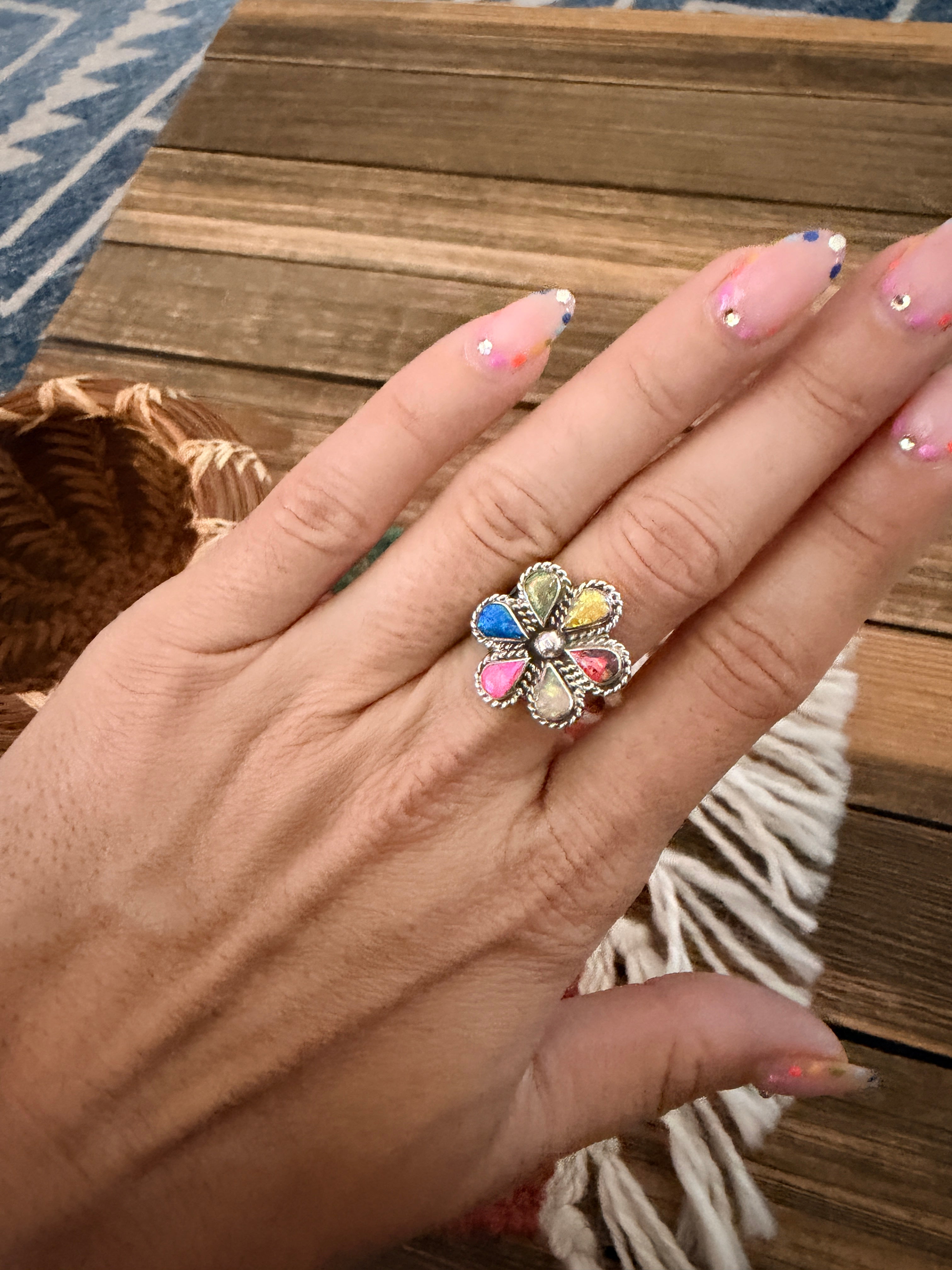 Handcrafted Multicolor Opal & Sterling Silver Ring Size 7.25