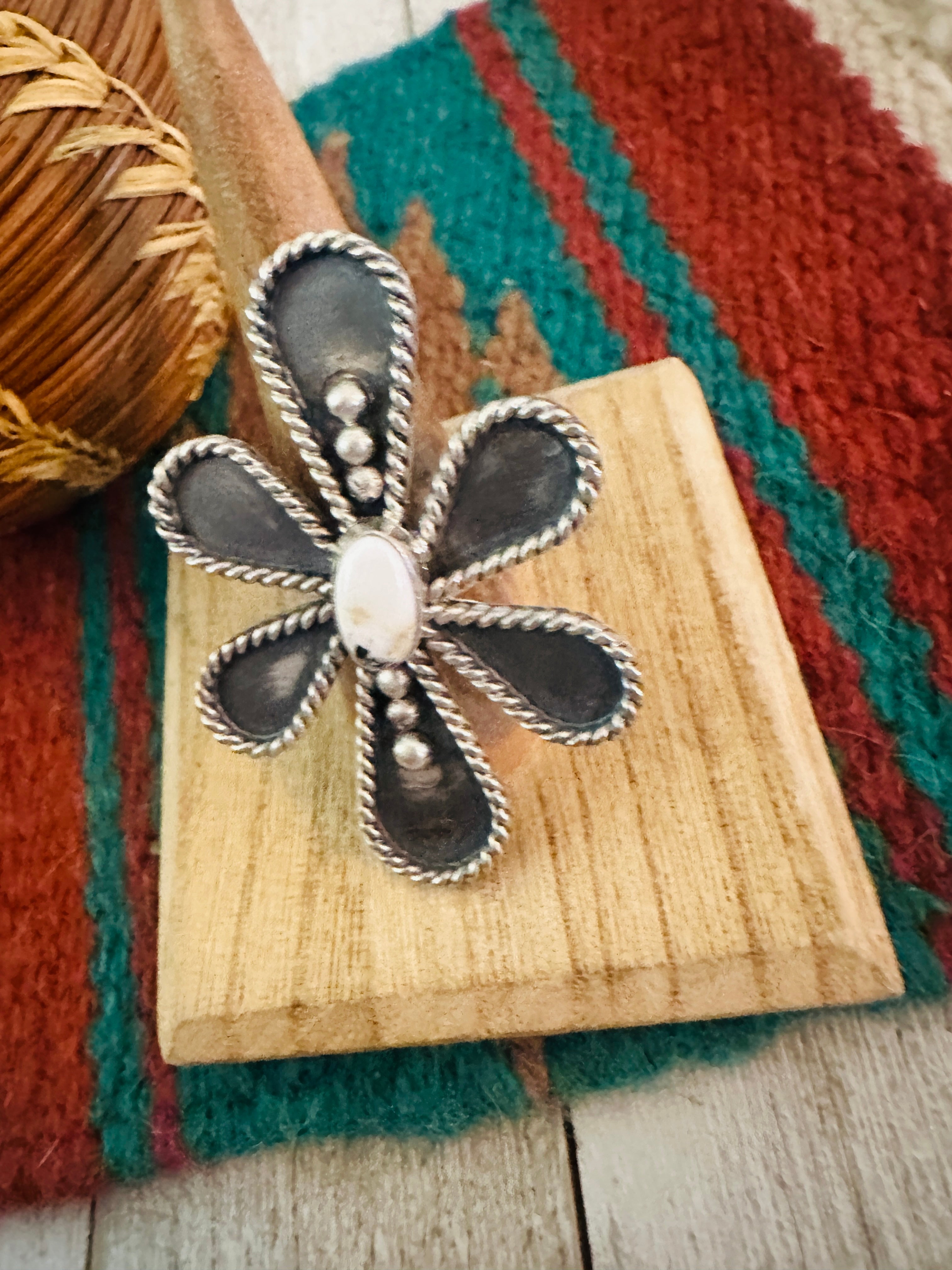 Navajo Sterling Silver And White Buffalo Adjustable Flower Ring