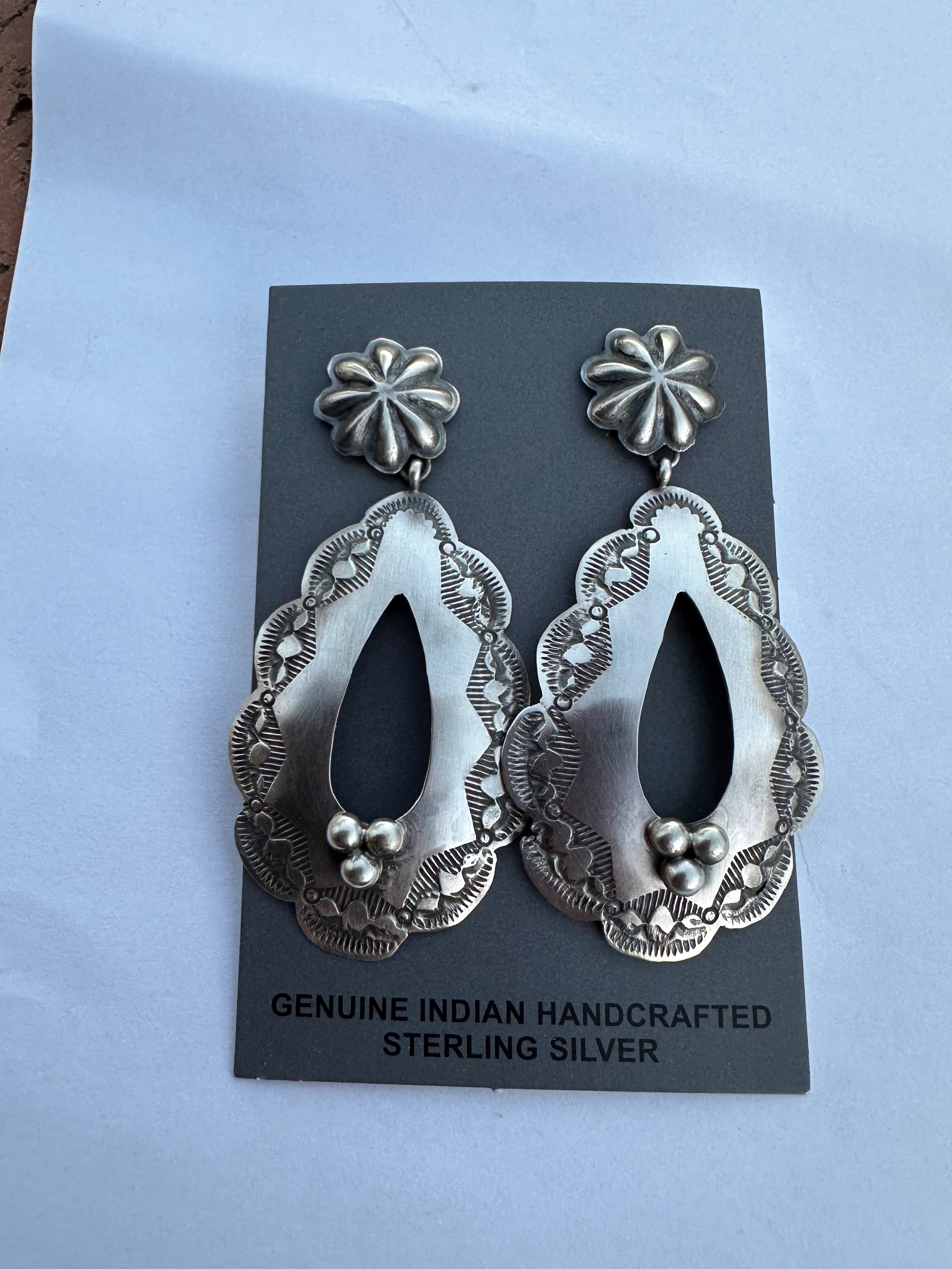 Rita Lee Navajo Hand Stamped Sterling Silver Concho Dangle Earrings