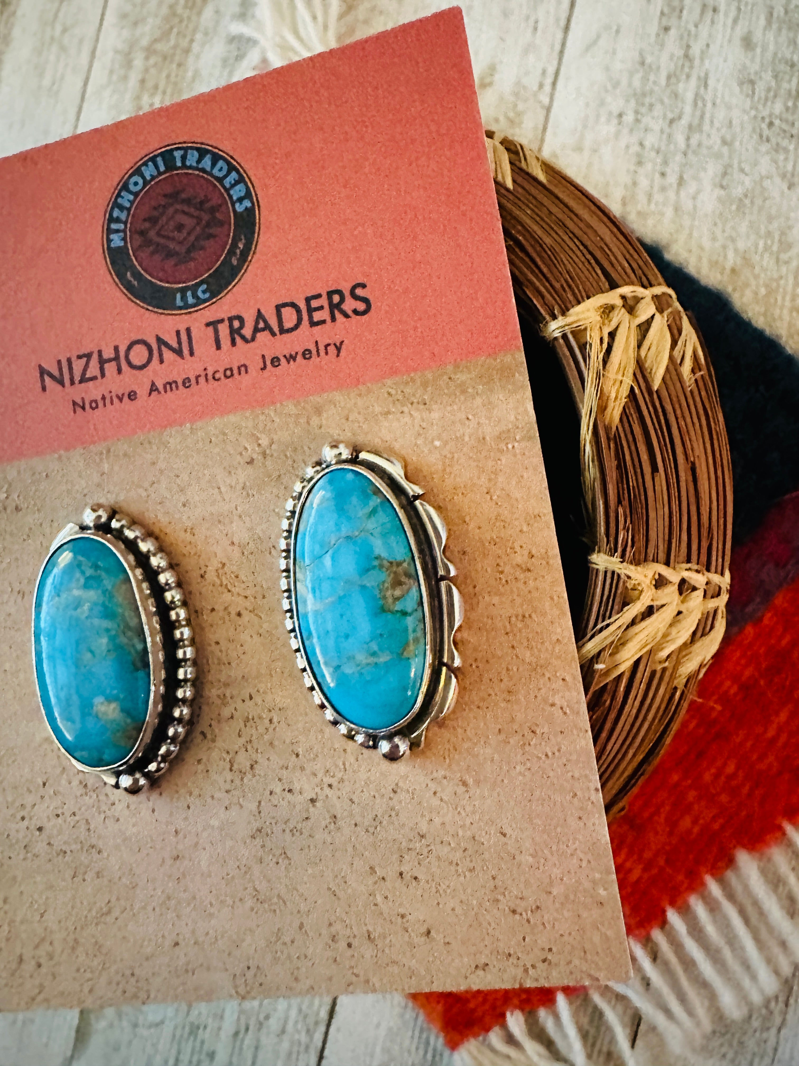 Navajo Kingman Turquoise & Sterling Silver Post Earrings Signed