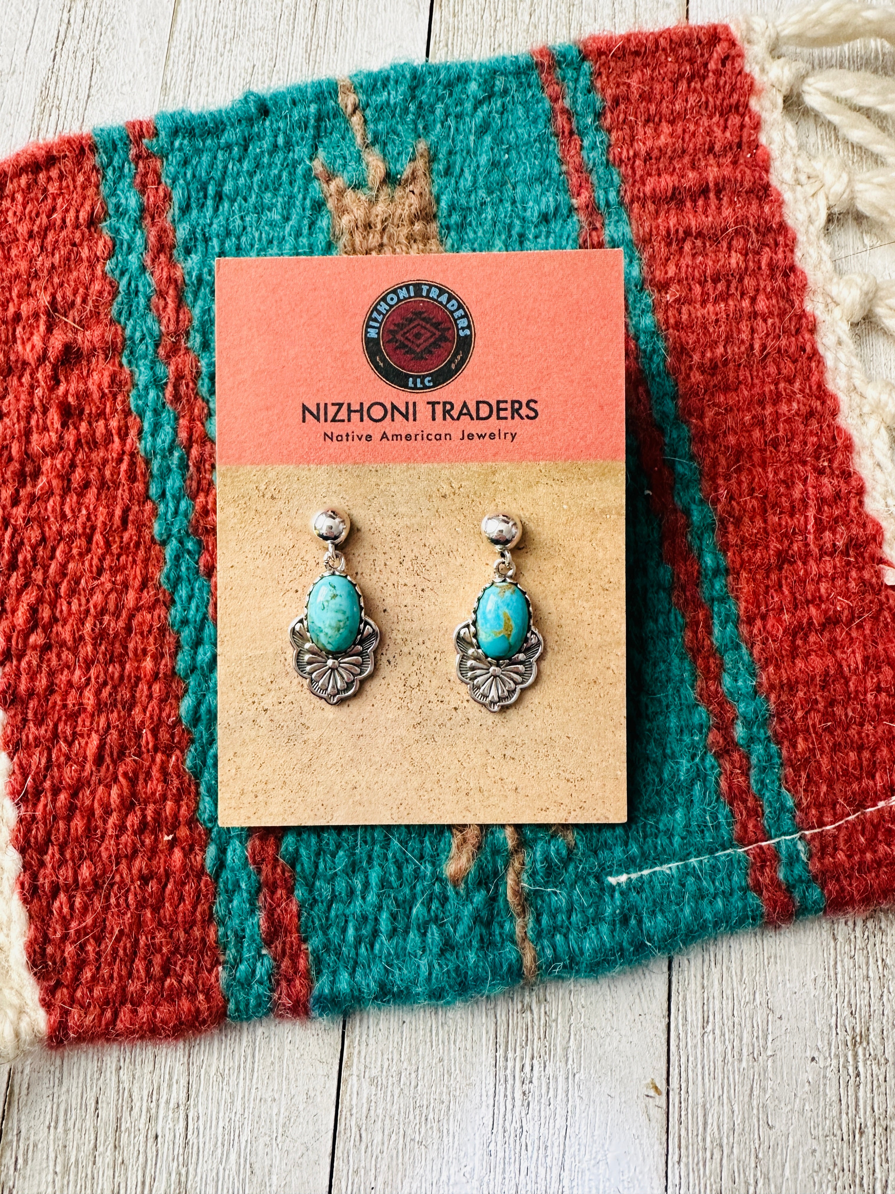 Handmade Turquoise & Sterling Silver Dangle Earrings Signed Nizhoni