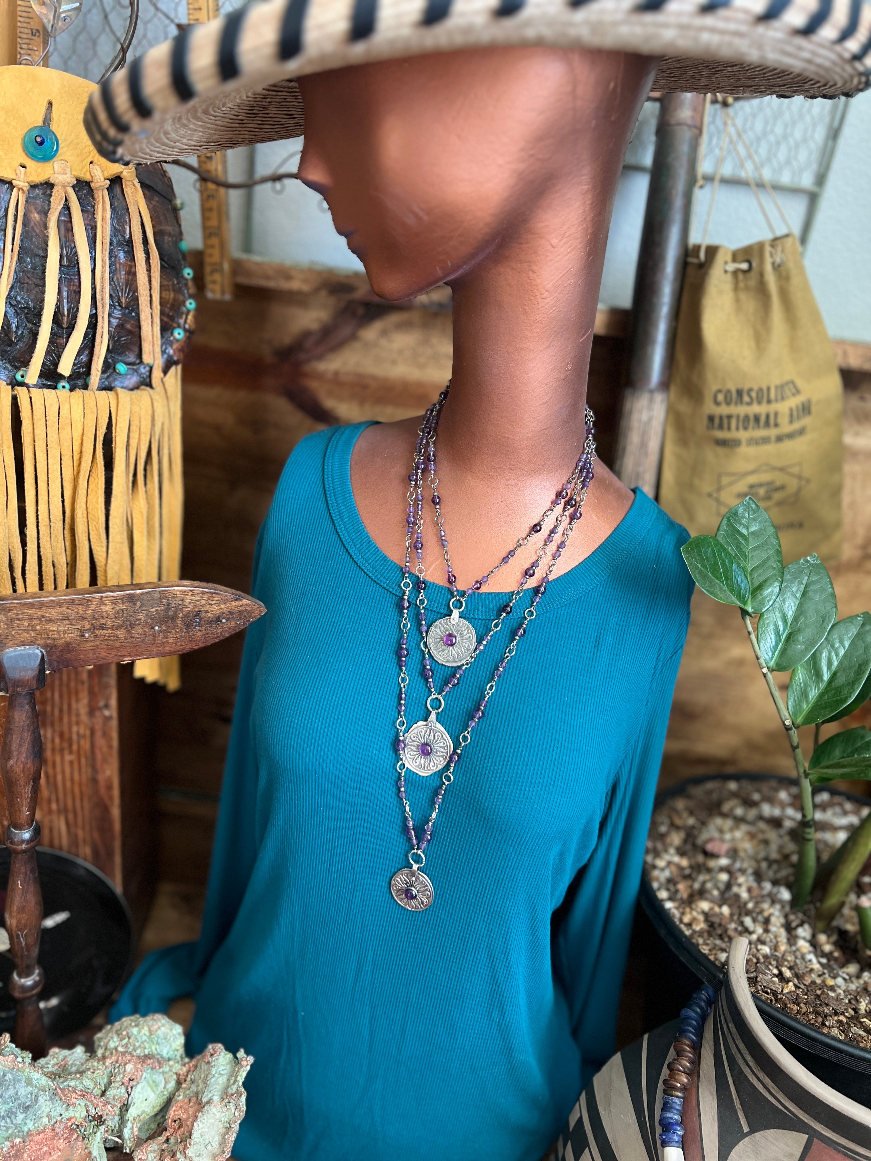Tularosa Rosary Style Sterling Silver and Amethyst Relic Coin Necklace