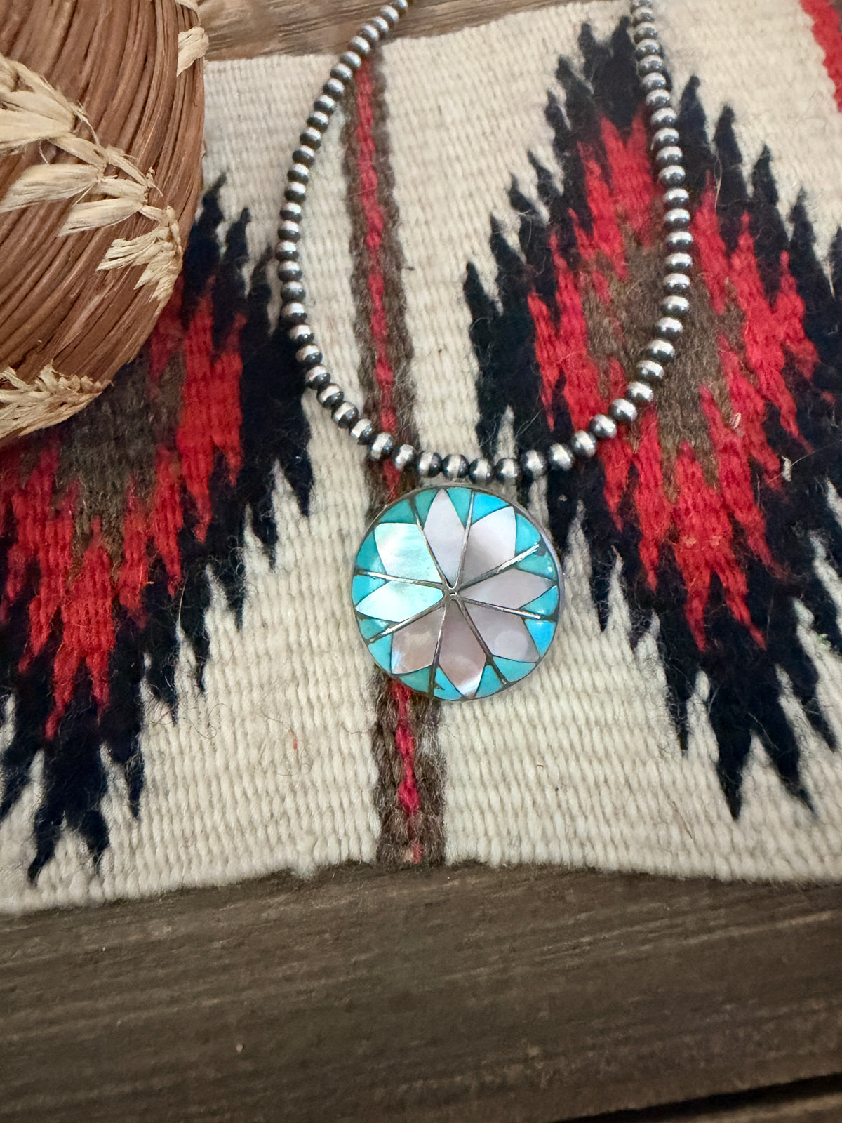 Old Pawn Handcrafted Mother of Pearl,Turquoise and Sterling Silver Inlay Brooch/ Pendant